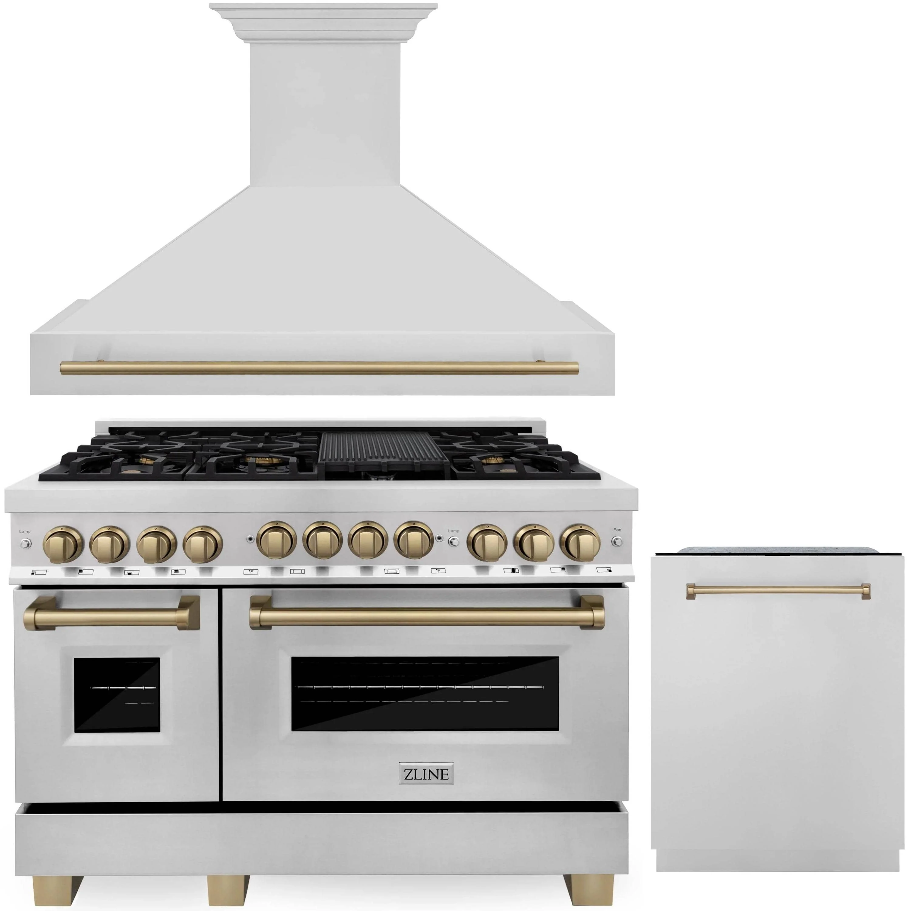 ZLINE Autograph Edition 3-Piece Appliance Package - 48-Inch Dual Fuel Range, Wall Mounted Range Hood, & 24-Inch Tall Tub Dishwasher in Stainless Steel with Champagne Bronze Trim (3AKP-RARHDWM48-CB)