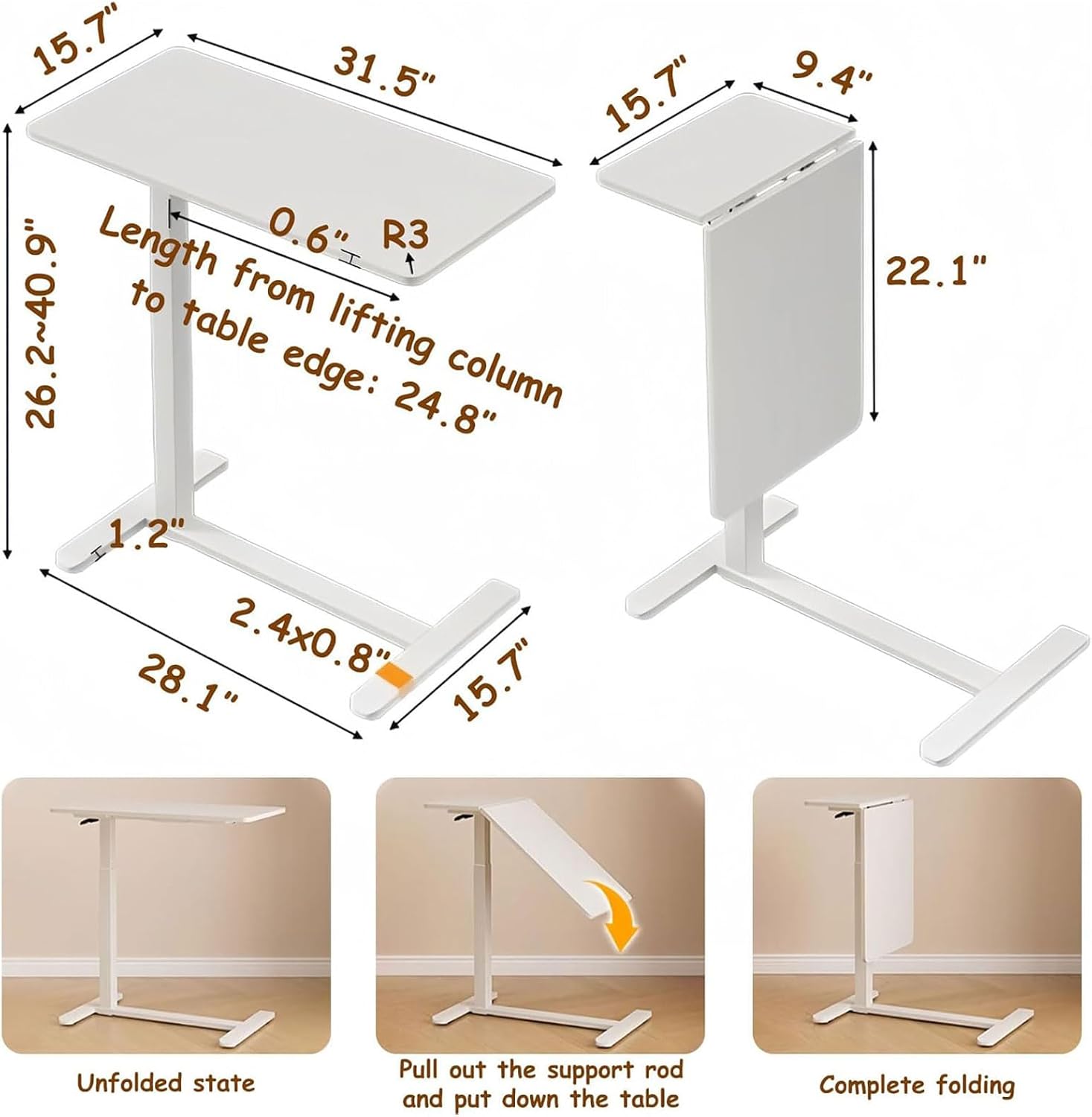 Overbed Bedside Table with Hidden Wheels, Pneumatic Adjustable Height, Foldable Mobile Desk for Hospital and Home Use, Rolling Computer Cart