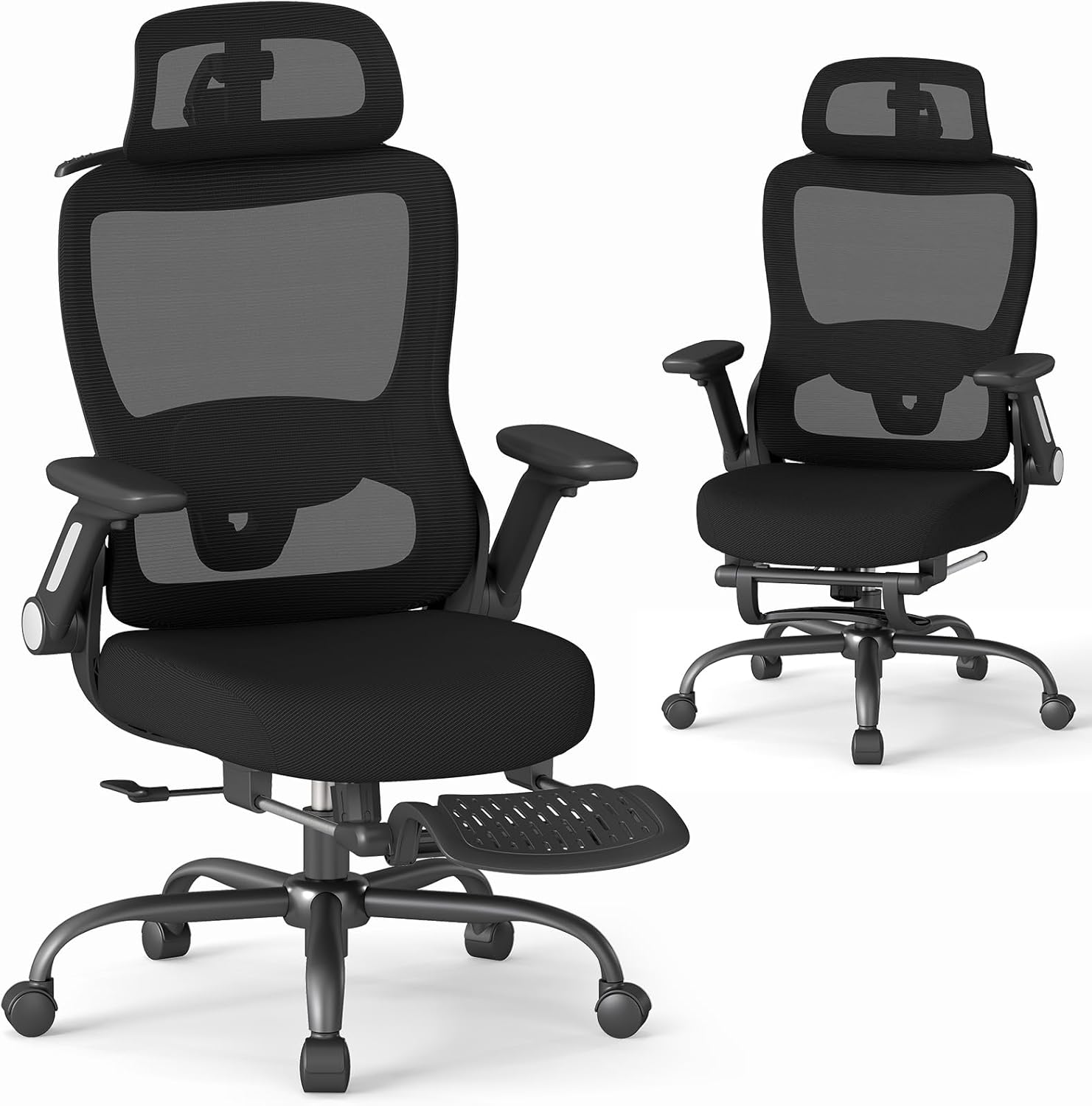 ZZH Ergonomic Office Chair with Footrest, High Back Home Desk Chair with Adjustable Lumbar Support, Headrest, Flip-Up Arms, 90-135° Tilt Lock, Big and Tall Mesh Computer Seating with Wheels