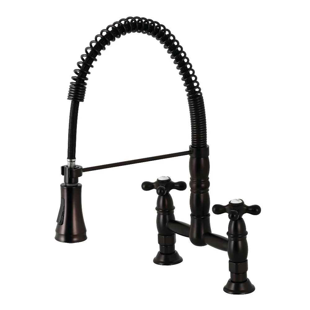 Kingston Brass Gourmetier Heritage Double-Handle Deck-Mount Pre-Rinse Bridge Kitchen Faucet, Oil Rubbed Bronze (GS1275AX)