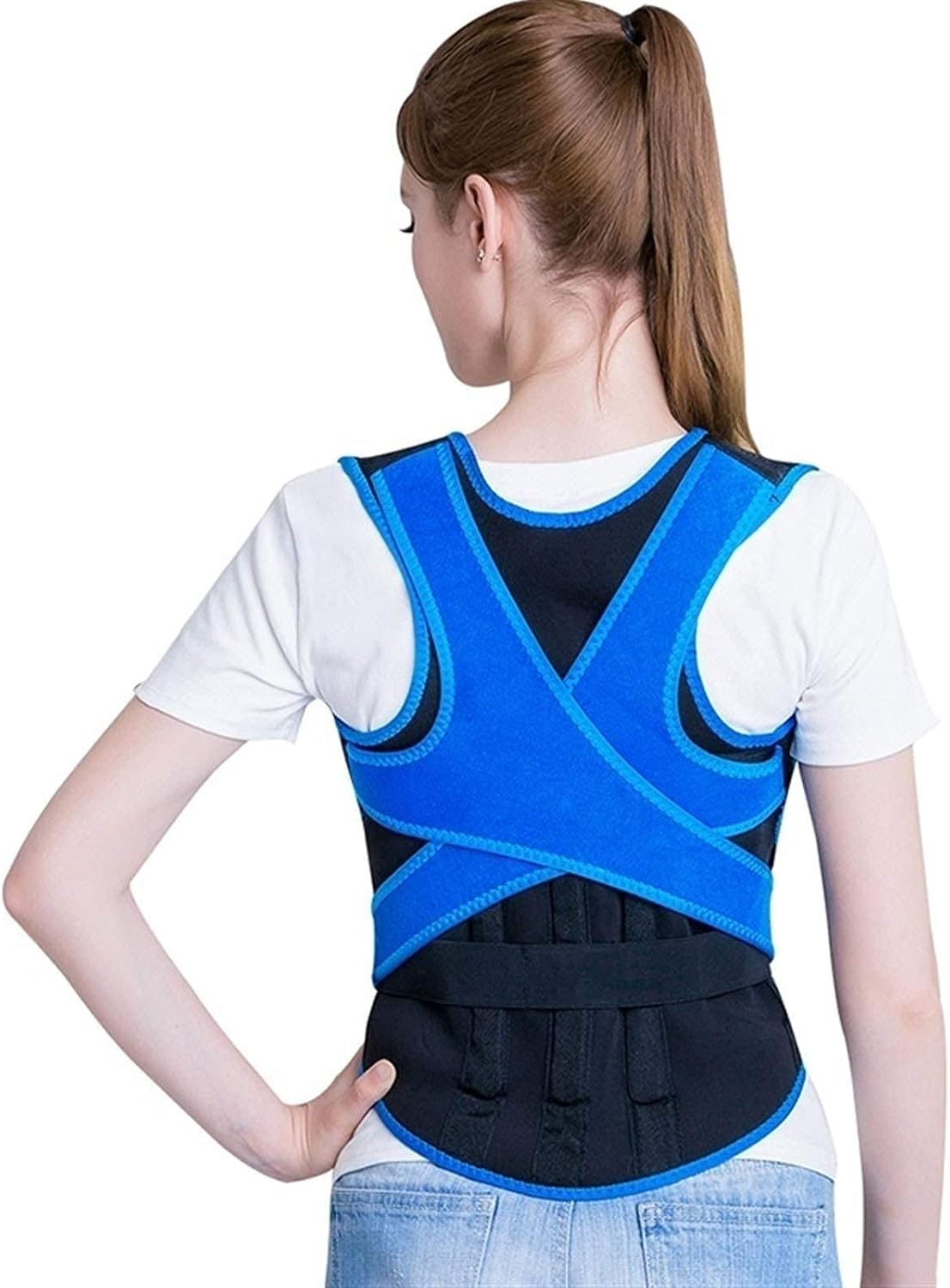 Back Waist Posture Corrector Adjustable Adult Correction Belt Waist Trainer Shoulder Lumbar Brace Spine Support Belt Vest,Blue-L,Blue-M