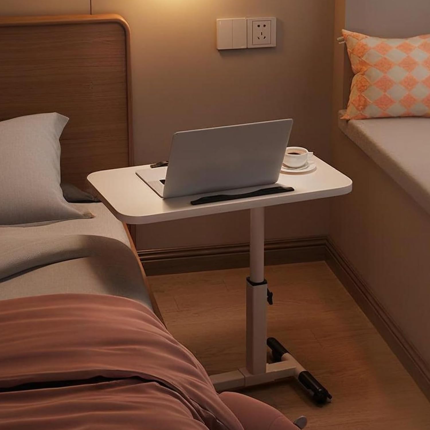 Portable Rolling Desk, Mobile Small Standing Desk, Overbed Table with Wheels Adjustable Height with Dual Card Slots, Rolling Laptop Stand, Computer Cart(White)