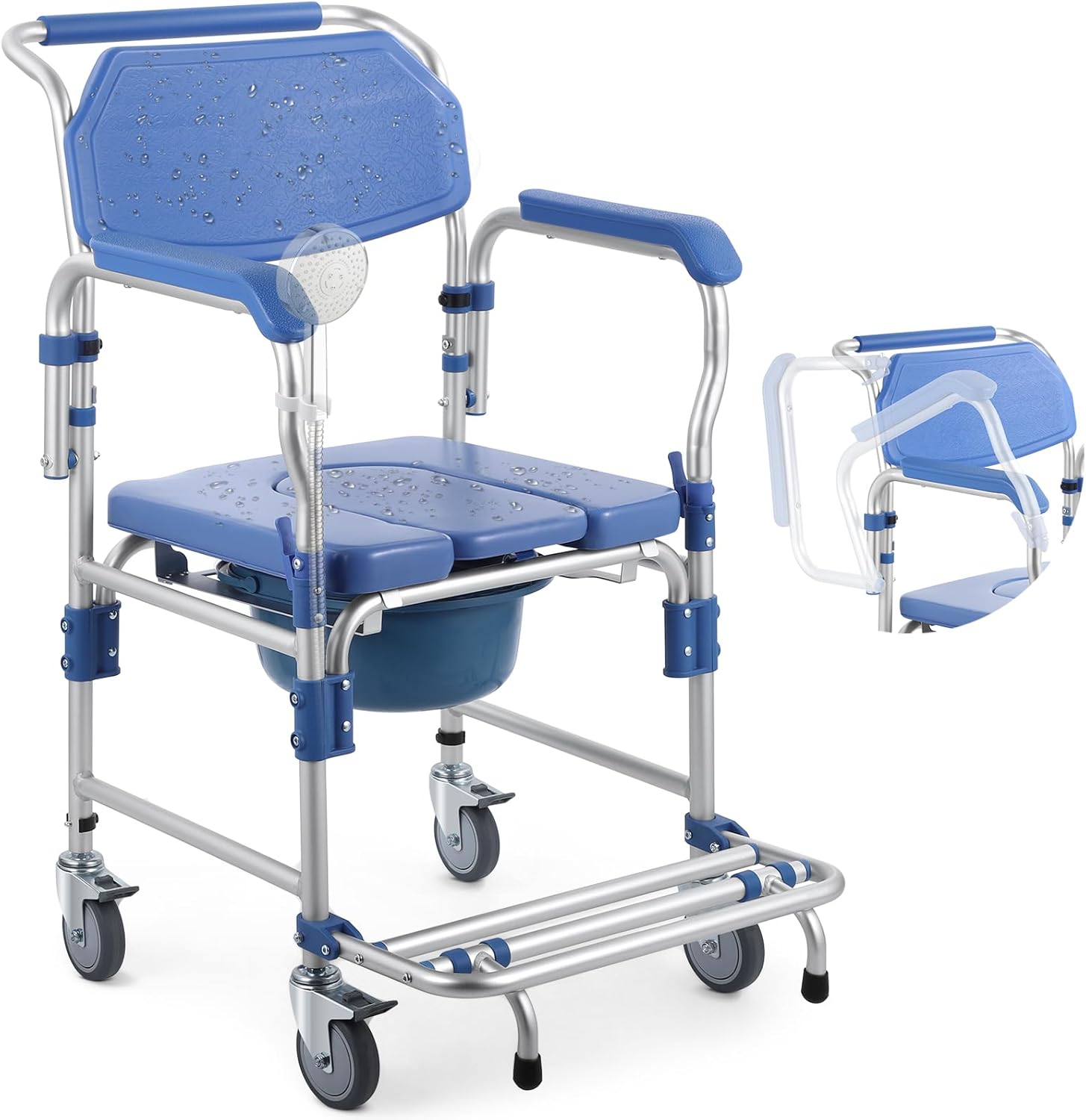 Bedside Commode Wheelchair with Drop Arms & Lockable Casters, Waterproof Aluminum Shower Chair, Anti-Tilt Foldable Footrest, Sponge Padded Seat, 330lbs Weight Capacity, 3 in 1 Bedside Commode Chair