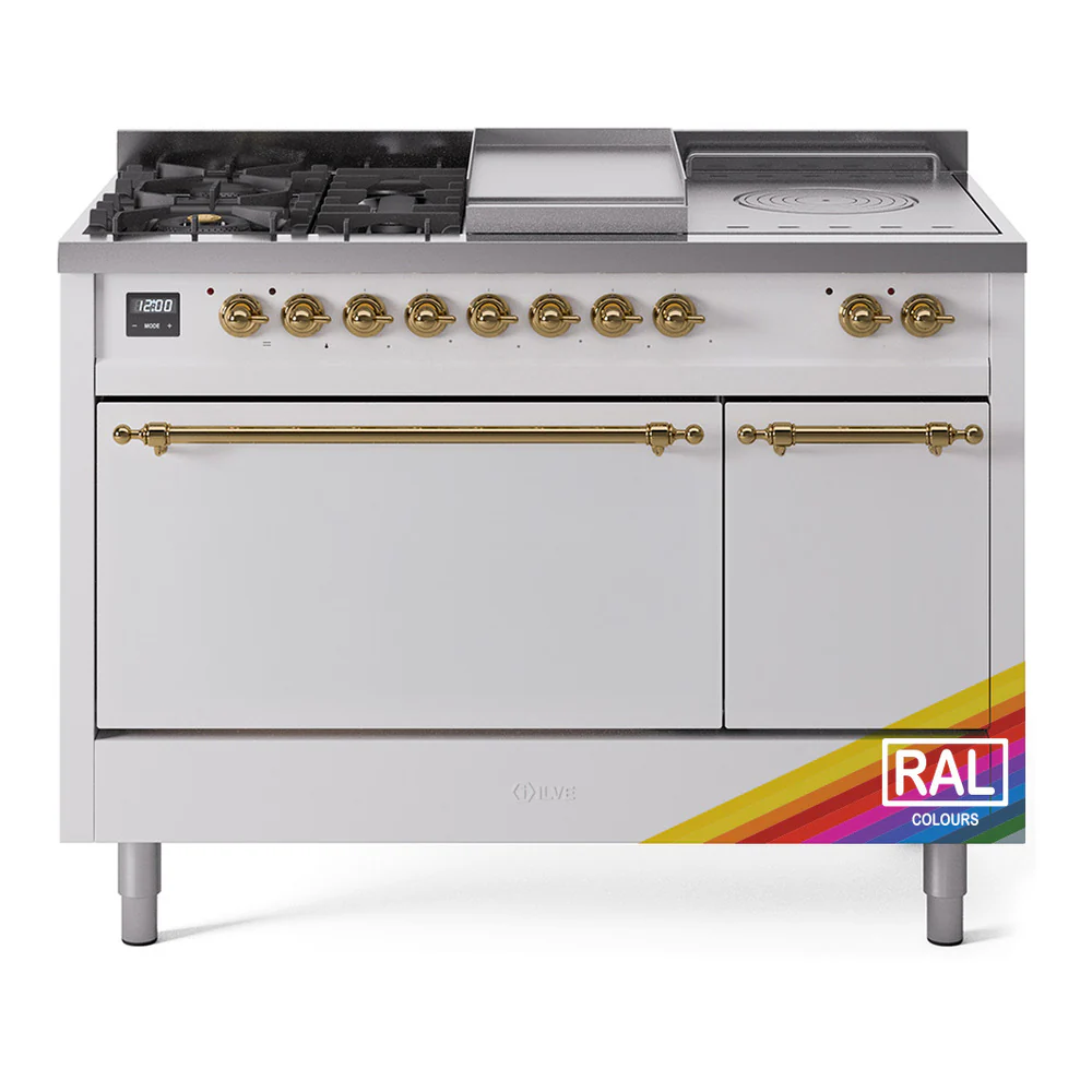 ILVE Nostalgie II 48-Inch Dual Fuel Range with 5 Burners, Griddle, & French Top, with Solid Door Oven in RAL with Brass Trim (UP48FSQNMPRAG)