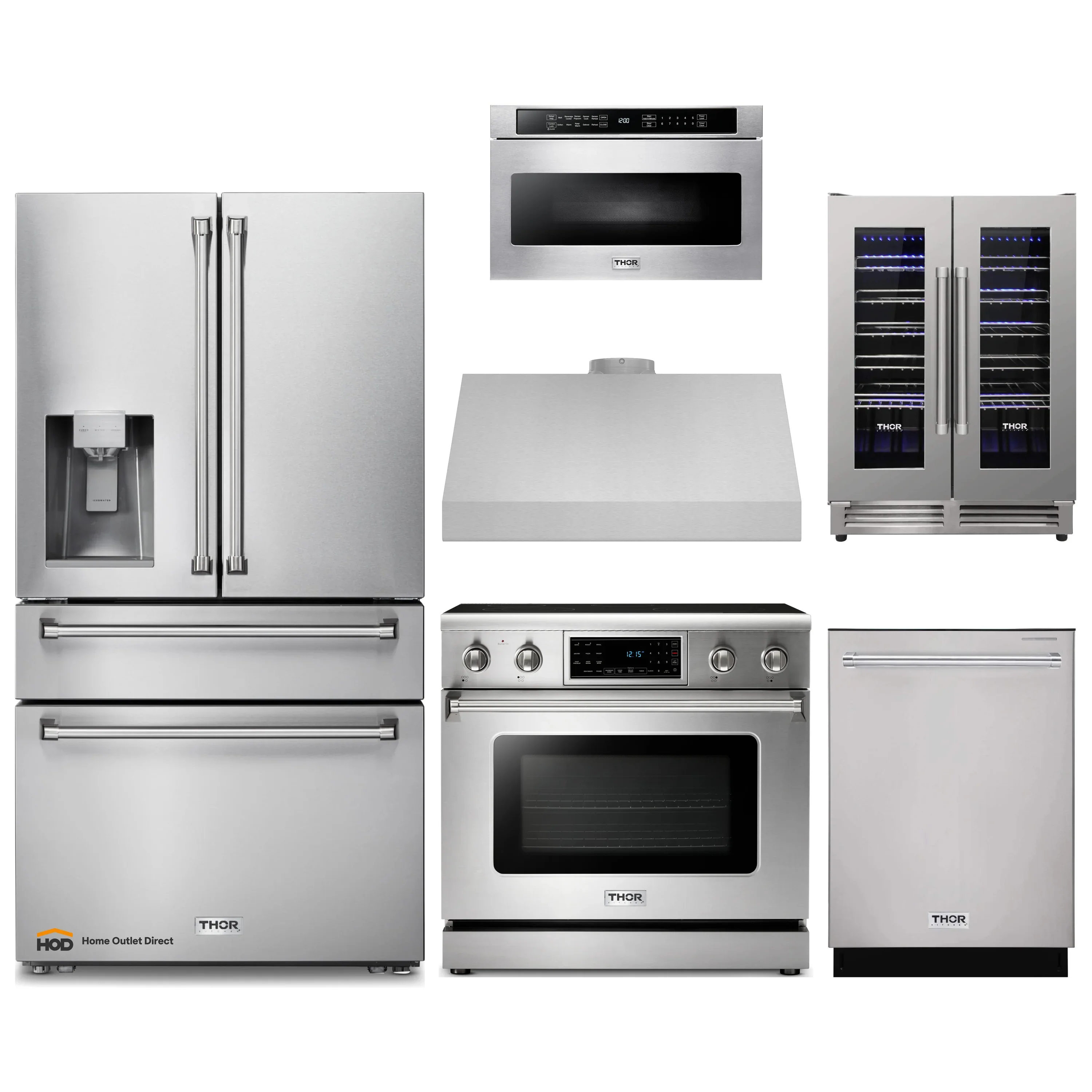 Thor Kitchen 6-Piece Appliance Package - 36-Inch Electric Range with Tilt Panel, Refrigerator with Water Dispenser, Under Cabinet Hood, Dishwasher, Microwave Drawer, & Wine Cooler in Stainless Steel