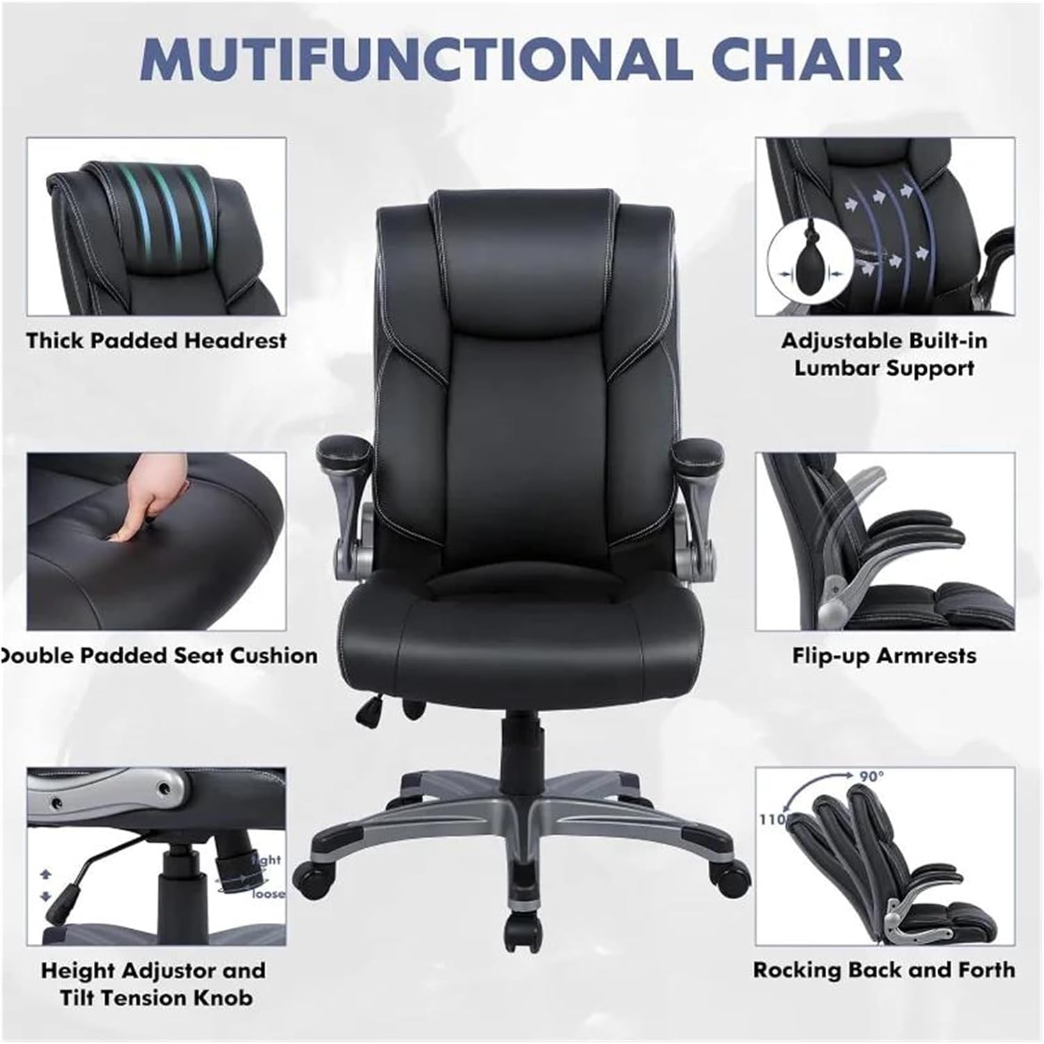 Managerial Chairs, High Back Executive Office Chair- Ergonomic Home Computer Desk Leather Chair with Padded Flip-Up Arms, Adjustable Tilt Lock Luoy-02527Lumbar Support-Black