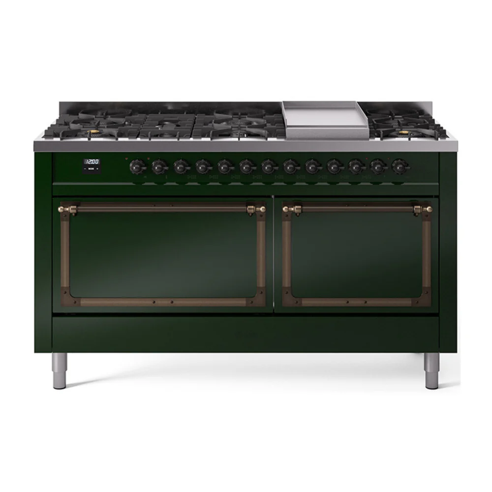 ILVE 60-Inch Nostalgie II Noblesse Dual Fuel Range with 9 Sealed Burners, Griddle, and Solid Door Oven in Emerald Green with Bronze Trim (UN60FQNMPEGB)