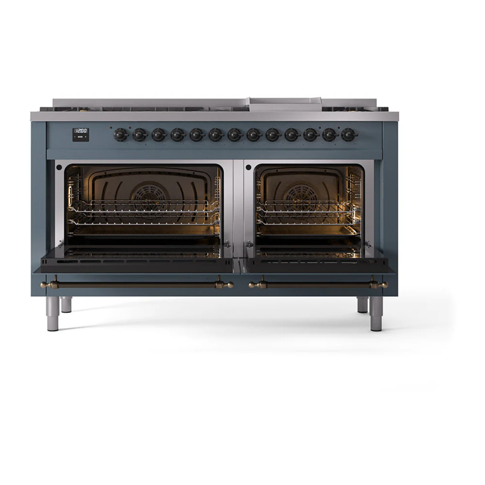 ILVE 60-Inch Nostalgie II Noblesse Dual Fuel Range with 9 Sealed Burners, Griddle, and Solid Door Oven in Blue Grey with Bronze Trim (UN60FQNMPBGB)