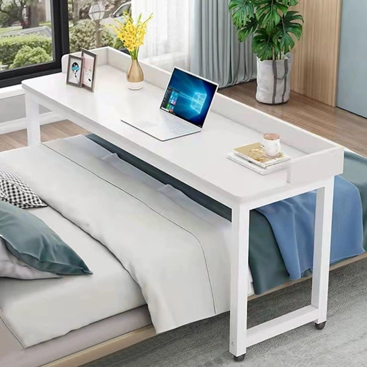 Overbed Table with Wheels, Heavy Duty Metal Leg, Adjustable Laptop Cart, Standing Workstation, Nursing Table for Home & Hospital Use(160x40x80cm)