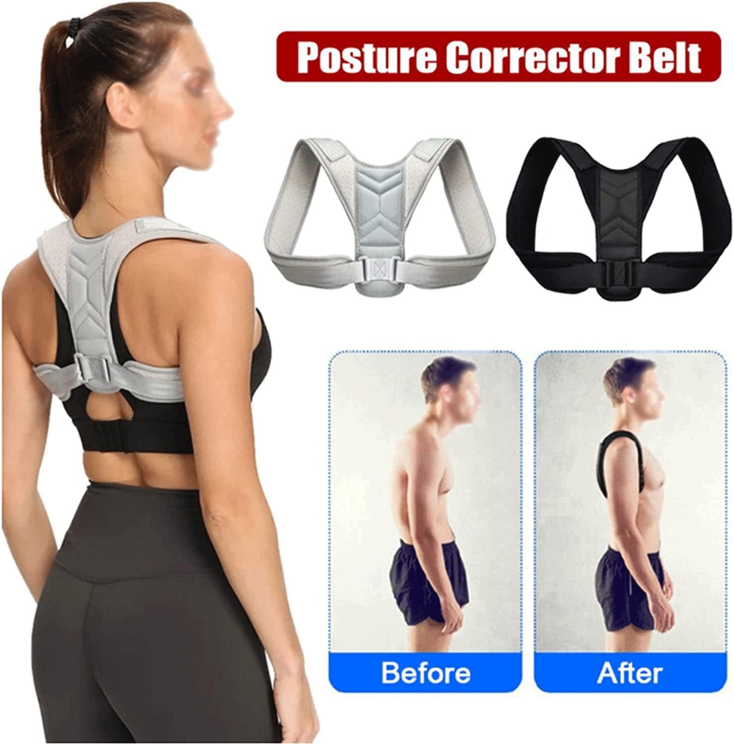Posture Corrector Upper, Back Brace Neck Shoulder Back Support Brace Belt, Braces Spine Straightener for Office (Color : Gray, Size : Large)