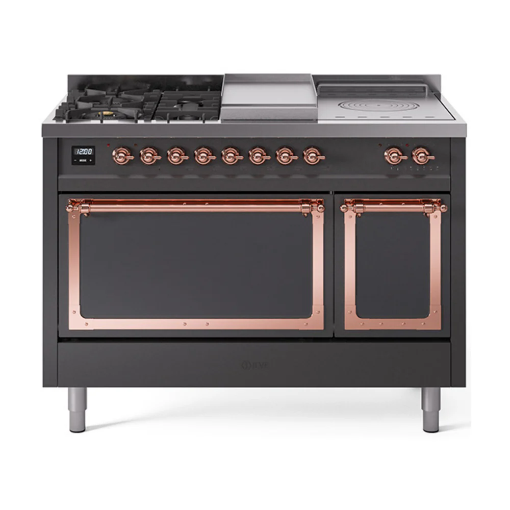 ILVE 48-Inch Nostalgie II Noblesse Dual Fuel Range with 5 Sealed Burners, Griddle, French Top and Solid Door Oven in Matte Graphite with Copper Trim