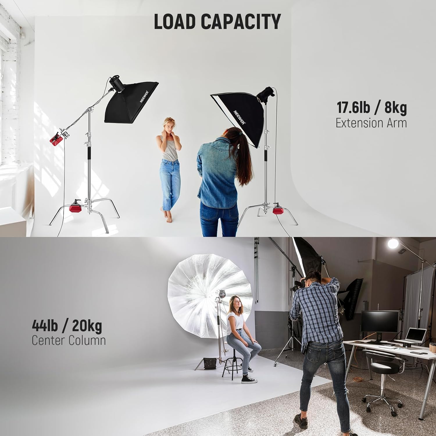 NEEWER Basics 100% Stainless Steel Heavy Duty C Stand with Boom Arm, Max 10.5ft/320cm Photography Light Stand, 4.2ft/128cm Holding Arm, 2 Grip Heads for Studio Monolight Softbox Reflector, SC320 Lite