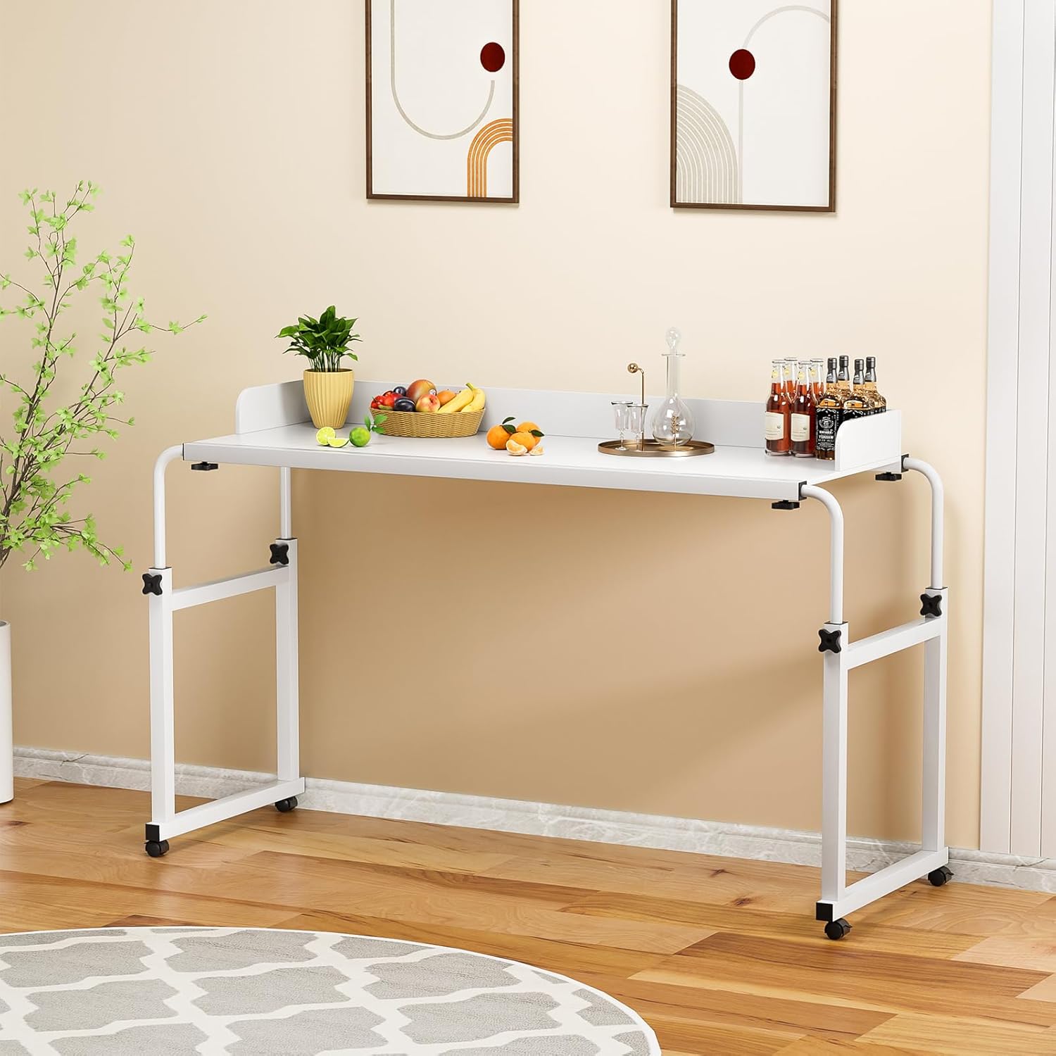 Overbed Table, Adjustable Bedside Table with Wheels, Movable Rolling Laptop Desk, Portable Bedside Workstation for Home Office and Hospital Use White