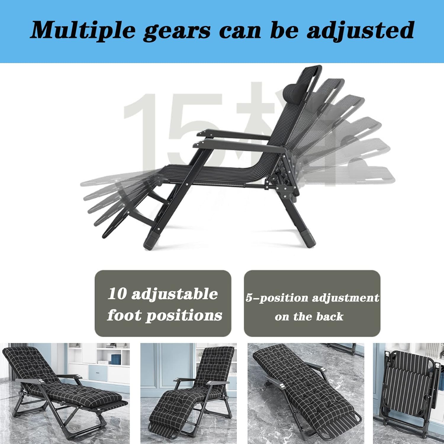 Padded Chair Adjustable Folding Reclining Patio Chair, Lounge Chair with Headrest Removable Pillow, Massage Armrest, Support 550lbs (Recliner+Blue Cushion