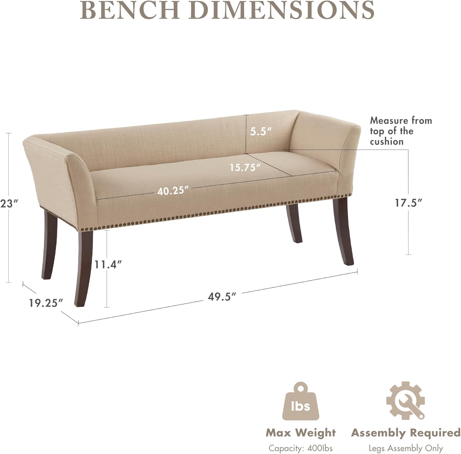 Madison Park Accent Bench, Upholstered with Nailhead Trim, & Padded Seat Entryway Bench Small, End of Bed Bench with Back, 49.5