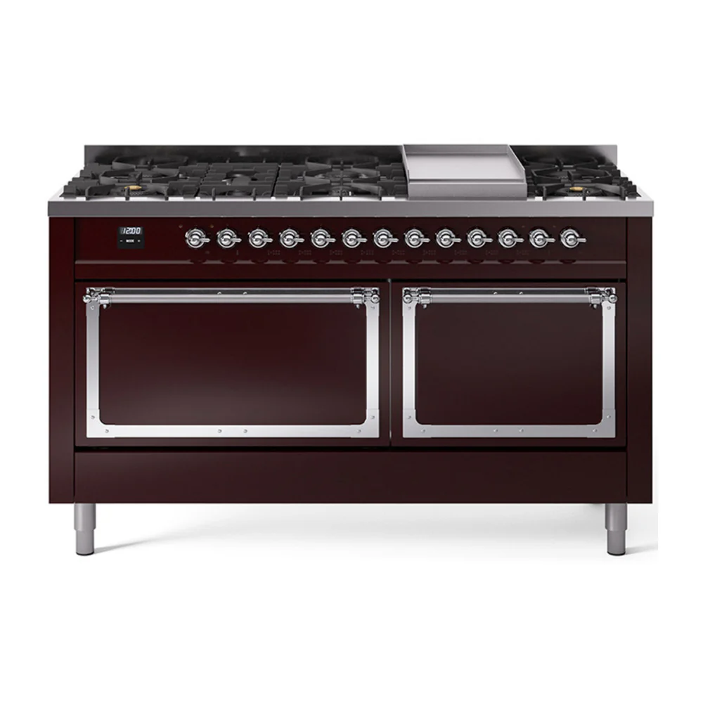 ILVE 60-Inch Nostalgie II Noblesse Dual Fuel Range with 9 Sealed Burners, Griddle, and Solid Door Oven in Burgundy with Chrome Trim (UN60FQNMPBUC)
