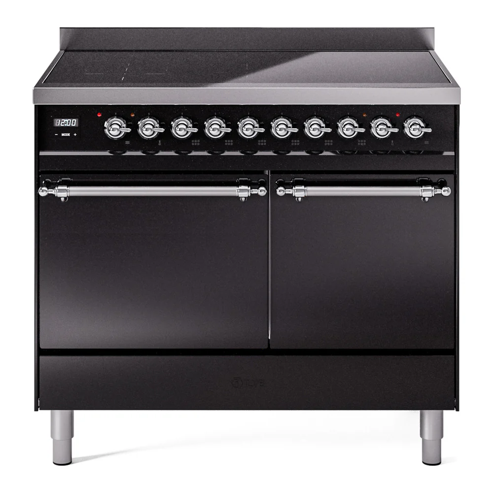 ILVE 40-Inch Nostalgie II Induction Range with Solid Door Oven in Glossy Black with Chrome Trim (UPDI406QNMPBKC)