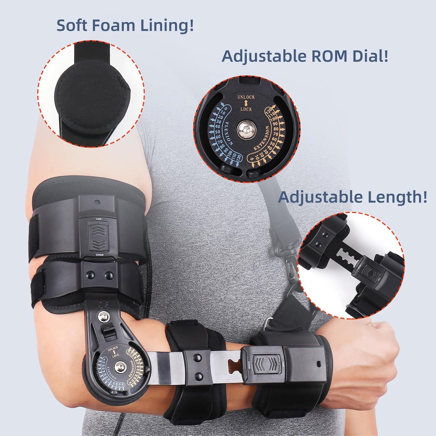 Hinged Adjustable Elbow Brace Post Surgical Rom Elbow Brace Arm Injury Post Surgery with Sling Stabiliser Splint (Color : Left arm)