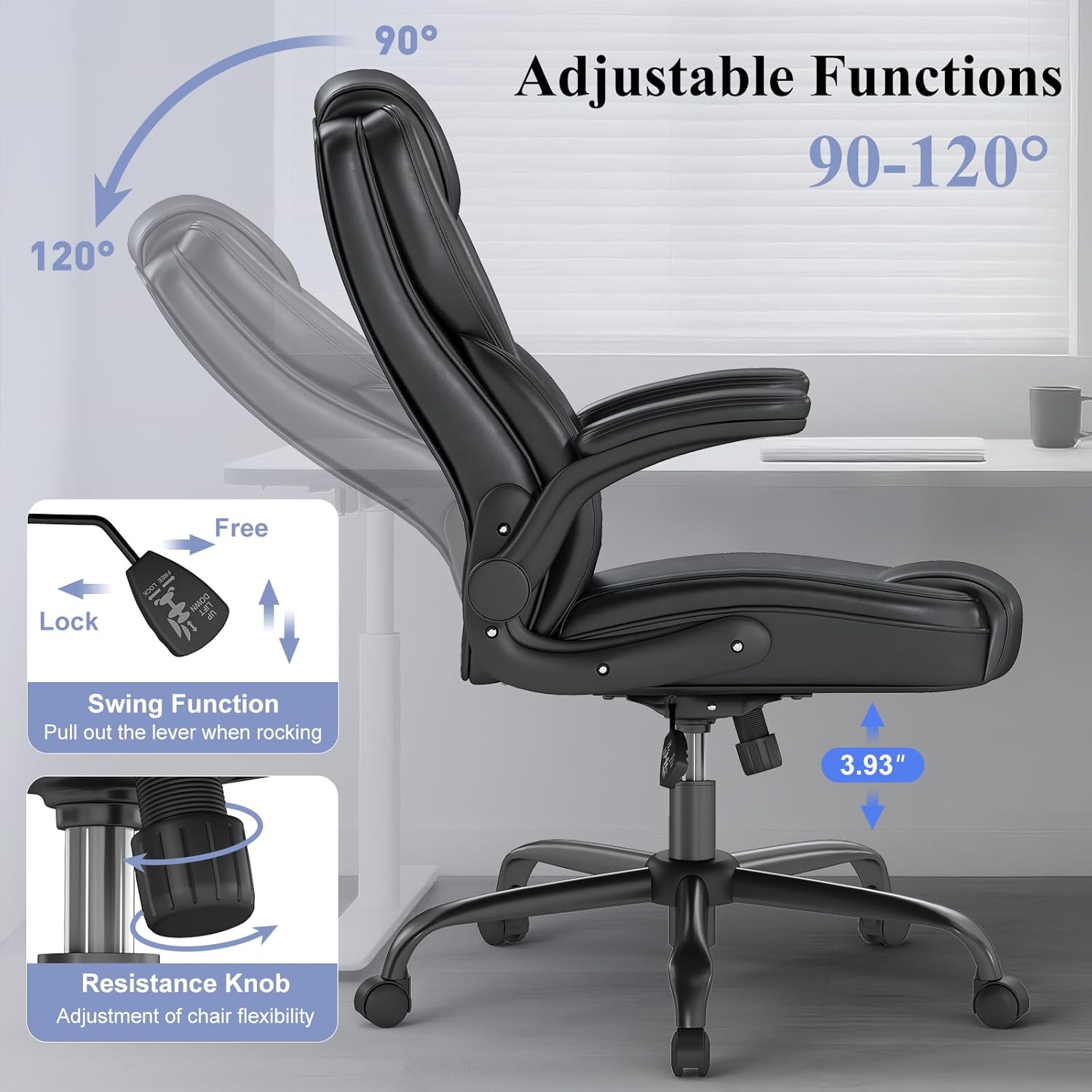 ZZH Ergonomic Executive Office Chair, Mid Back PU Leather Computer Desk Chair with Flip-Up Armrests, Lumbar Support, Adjustable Height and Rocking Function, 1PC, Black