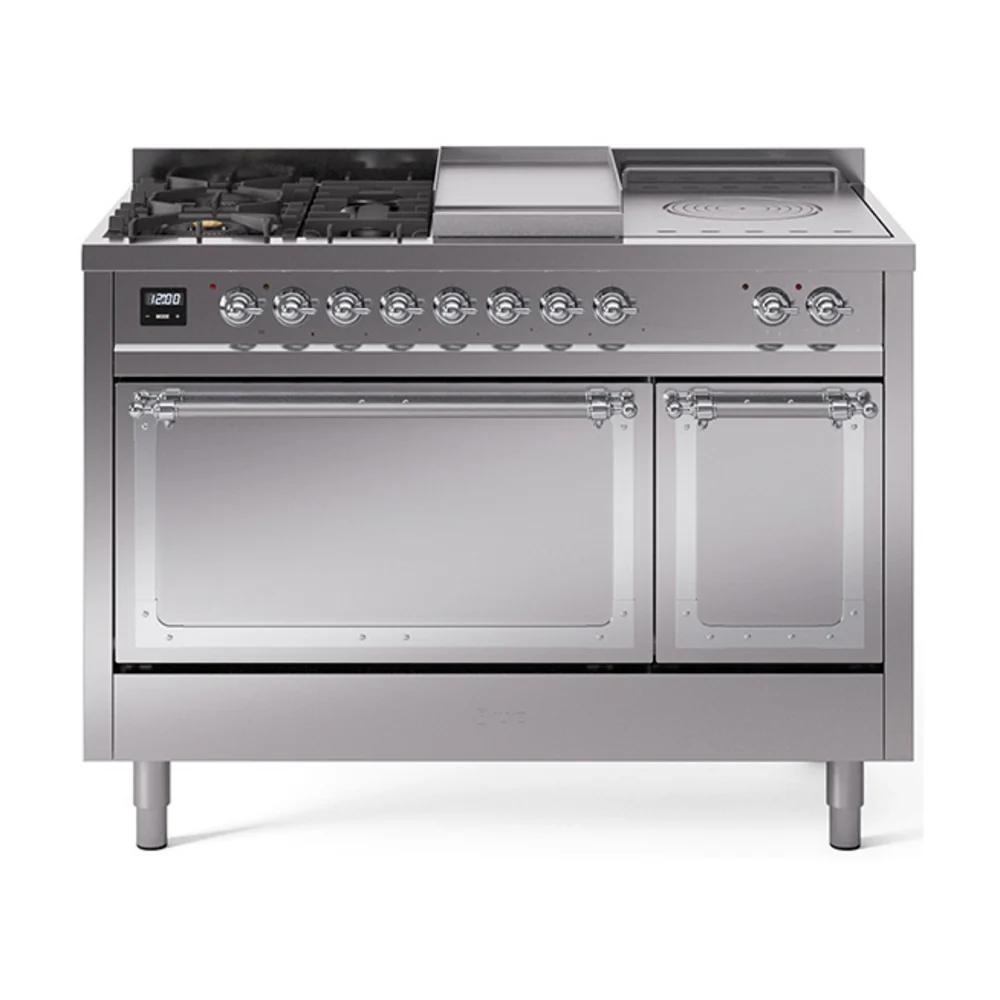 ILVE 48-Inch Nostalgie II Noblesse Dual Fuel Range with 5 Sealed Burners, Griddle, French Top and Solid Door Oven in Stainless Steel with Chrome Trim (UN48FSQNMPSSC)