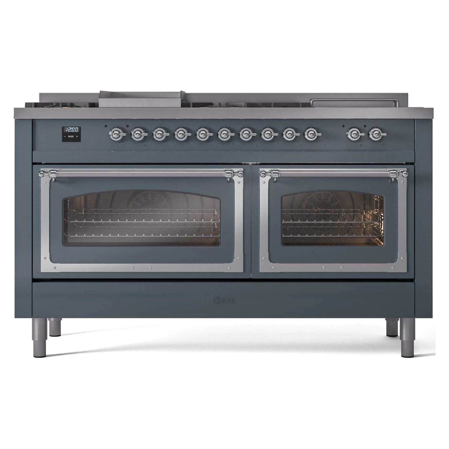 ILVE 60-Inch Nostalgie II Noblesse Dual Fuel Range with 7 Sealed Burners, Griddle, French Top and Triple Glass Door Oven in Blue Grey with Chrome Trim (UN60FSNMPBGC)