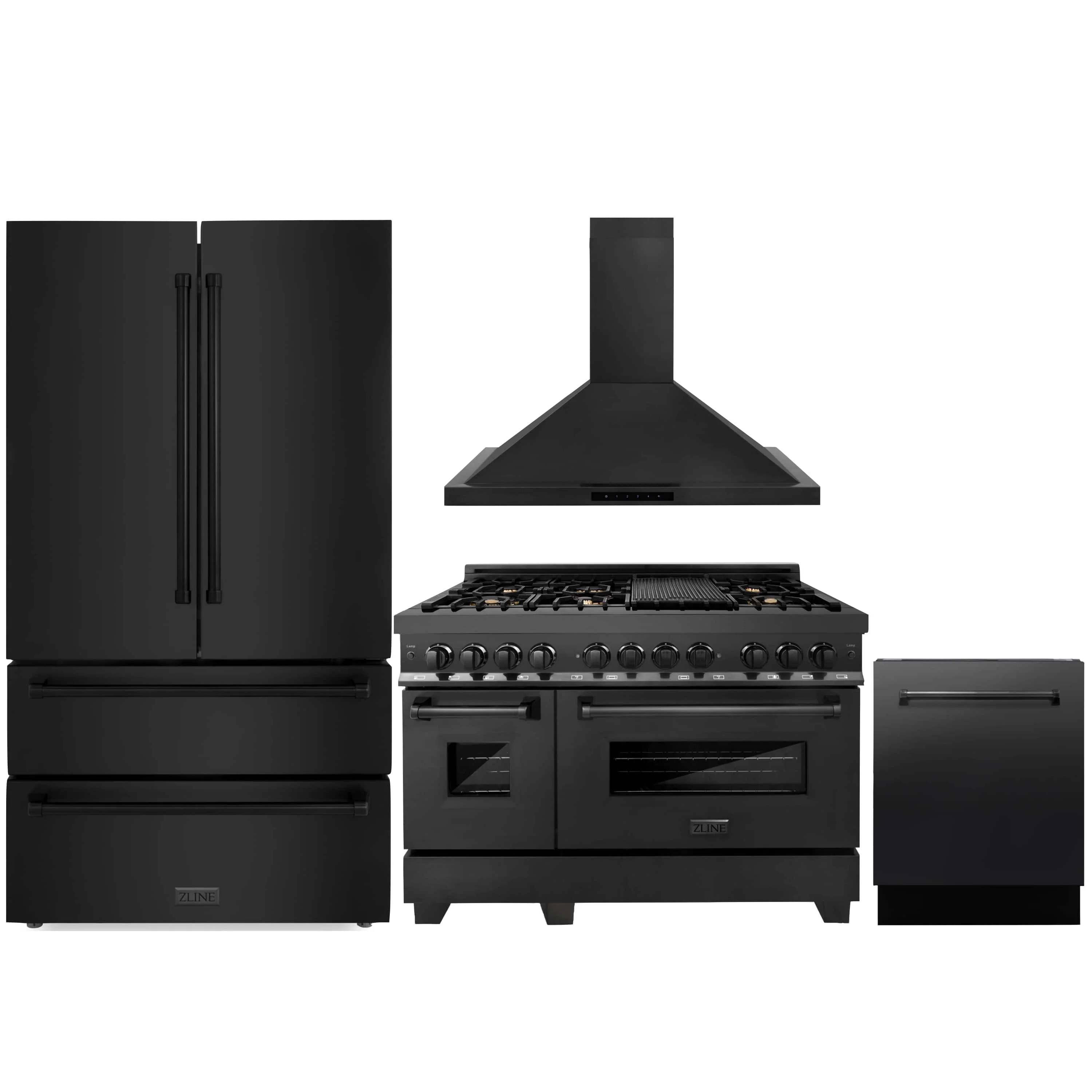 ZLINE 4-Piece Appliance Package - 48-Inch Dual Fuel Range with Brass Burners, Refrigerator, Convertible Wall Mount Hood, and 3-Rack Dishwasher in Black Stainless Steel (4KPR-RABRH48-DWV)