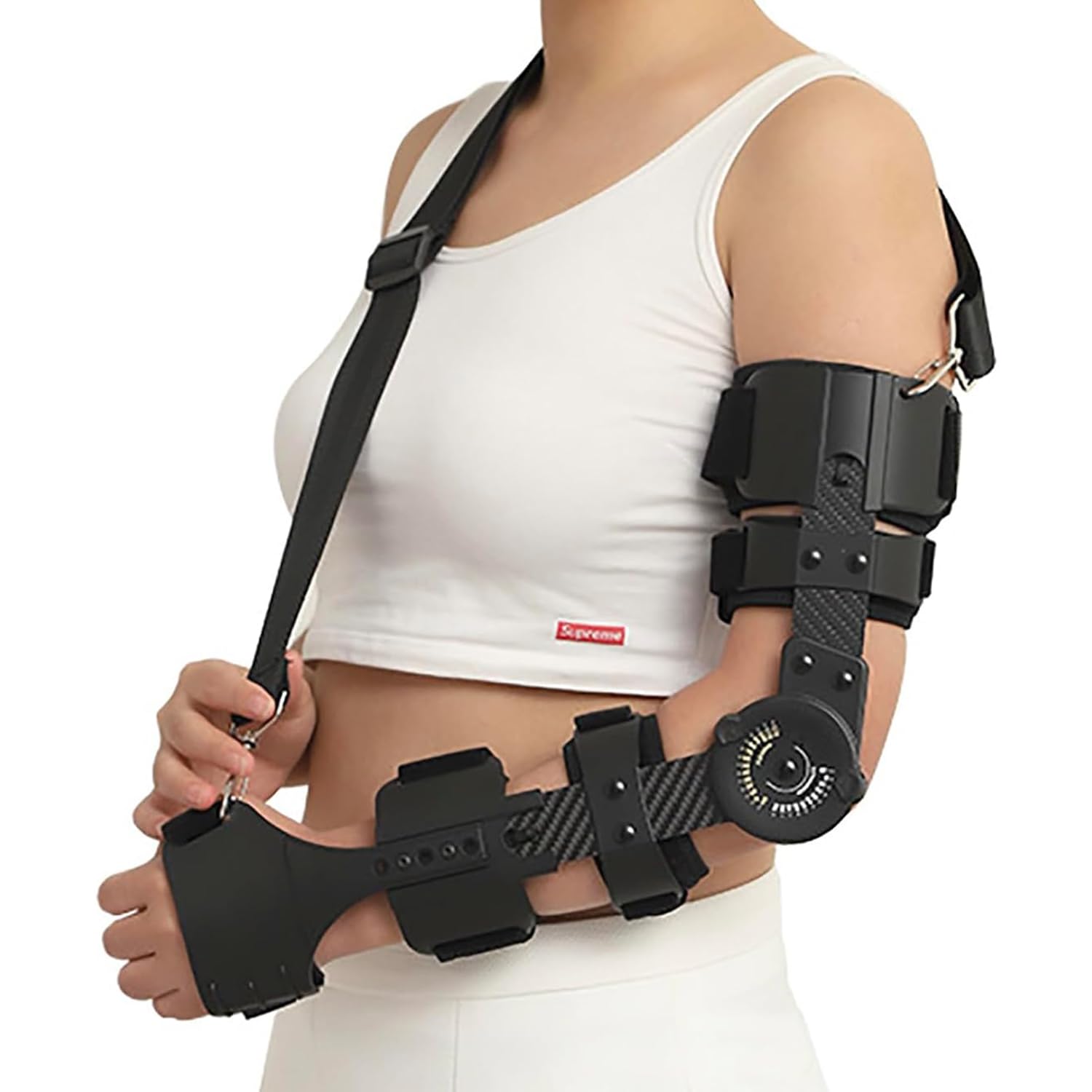 Carbon Fiber Hinged ROM Elbow Brace, Adult Post Op Elbow Immobilizer Brace with Sling Stabilizer, Arm Injury Recovery Elbow Splint for Dislocated Arm Ligament and Tendon Repairs (Black, One Size, Left)