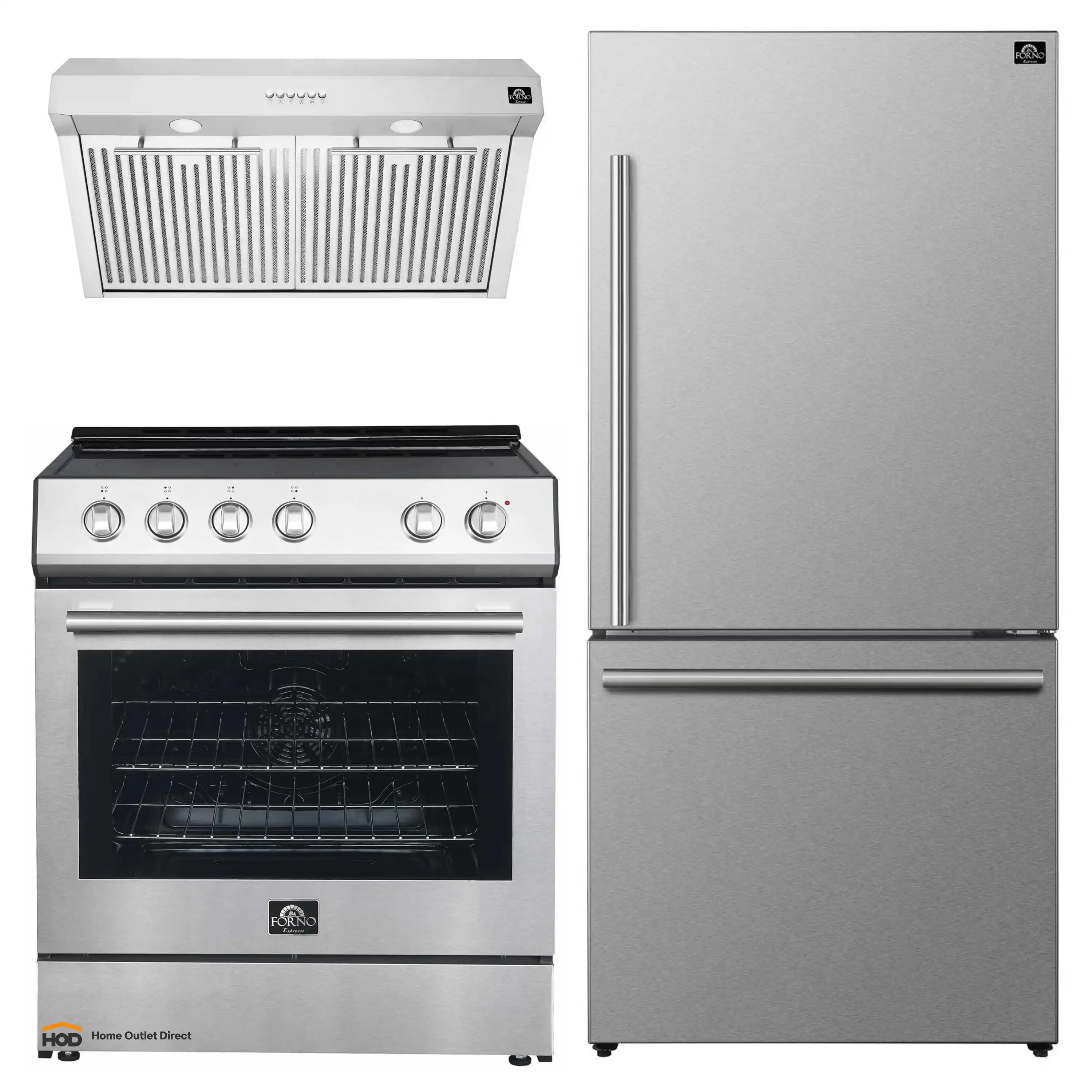 Forno Espresso 3-Piece Appliance Package - 30-Inch Electric Range with 5.0 Cu.Ft. Electric Oven, Refrigerator, and Under Cabinet Range Hood in Stainless Steel (FBDL-001-01US)