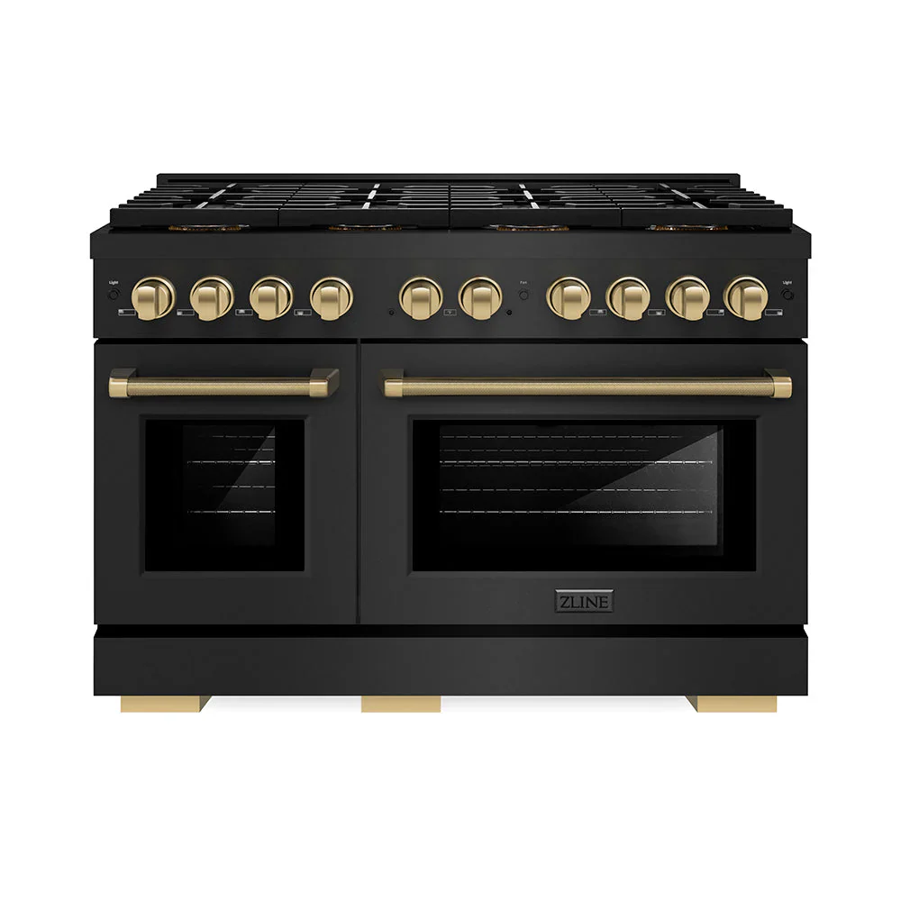 ZLINE Autograph 48-Inch Paramount DuoPro Gas Range in Black Stainless Steel with Champagne Bronze Helix Handles (PSGRBZ-48-KCB)