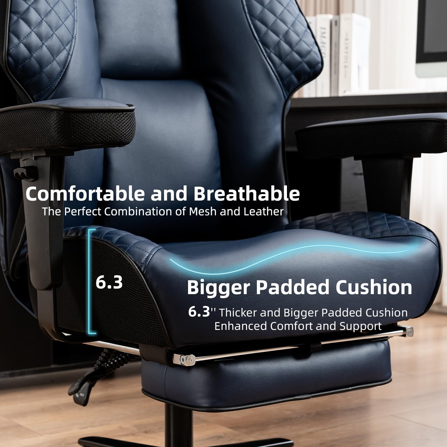 Big and Tall Office Chair 500lbs, Heavy Duty Executive Office Chair with Foot Rest, High Back Leather Adjustable Arm Rest,Ergonomic Lumbar Support Wheels(Navy Blue)