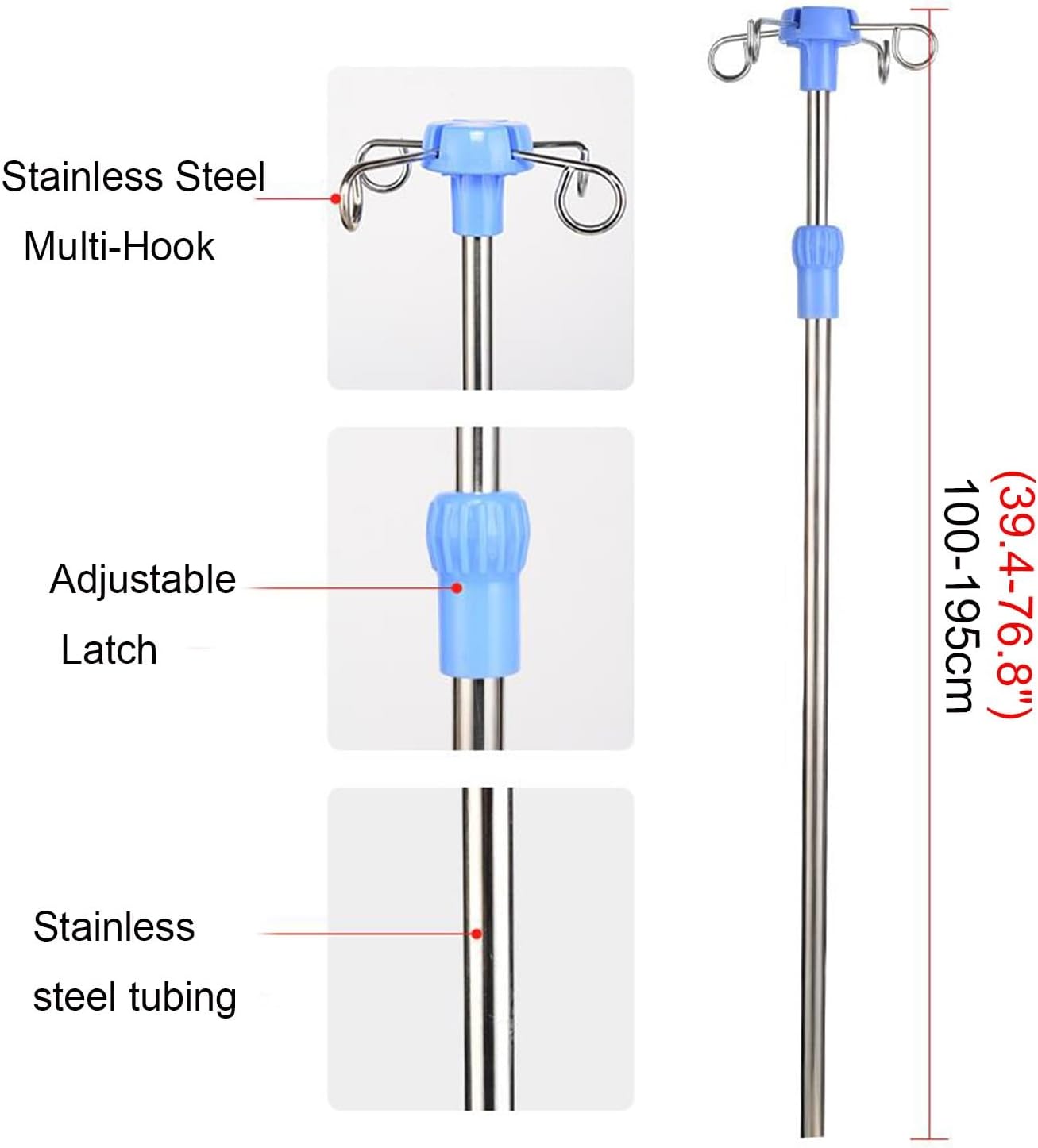 Height Adjustable IV Infusion Stand - Stainless Steel with 4 Hooks, Telescopic Design, Easy Install Bed Pole for Hospital & Home Use - Medical Equipment (White)