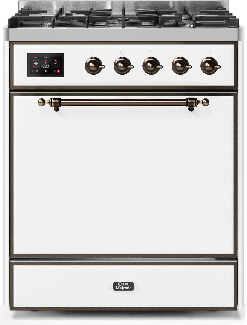 ILVE 30-Inch Majestic II Dual Fuel Range with 5 Burners - 4 cu. ft. Solid Door Oven in White with Bronze Trim (UM30DQNE3WHB)