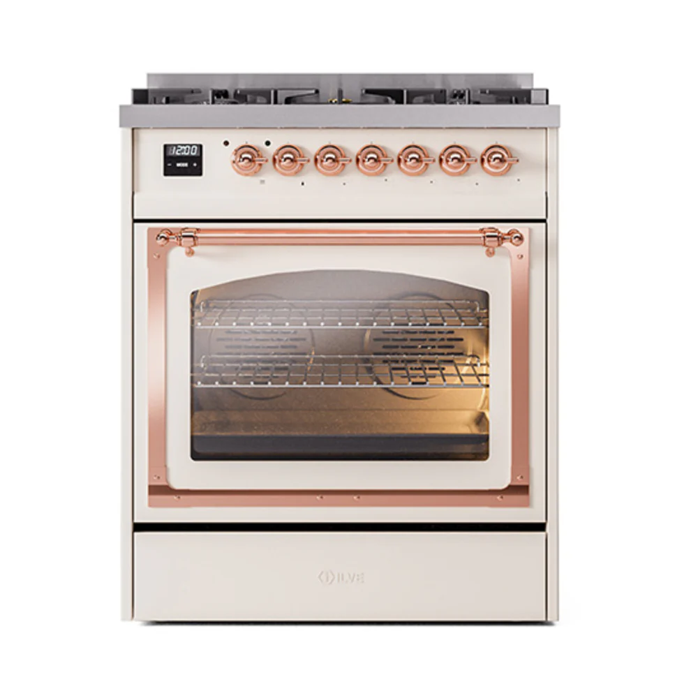 ILVE Nostalgie II Noblesse 30-Inch Dual Fuel Range with Triple Glass Door in Antique White with Copper Trim (UN30NMPAWP)