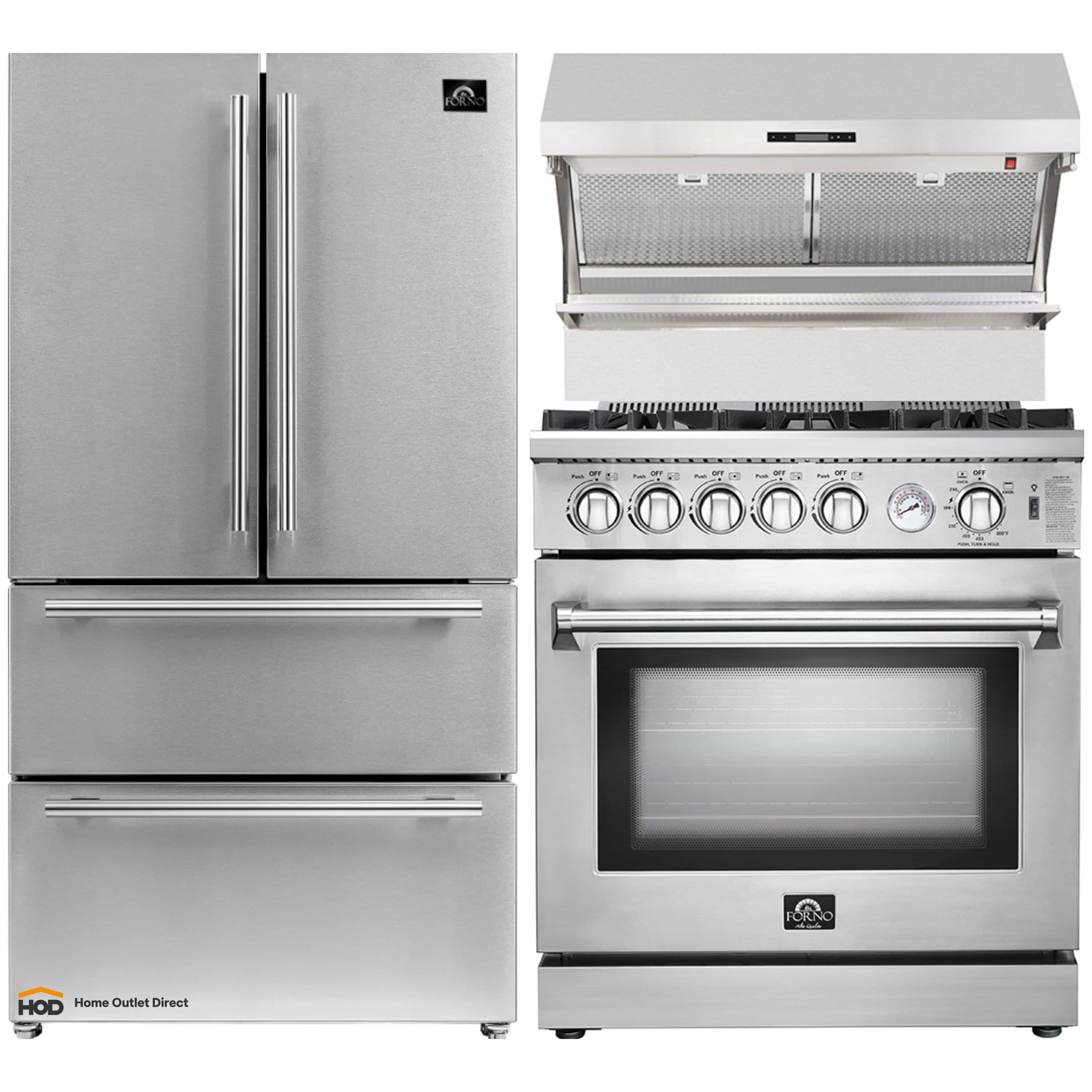Forno 3-Piece Appliance Package - 30-Inch Gas Range, Refrigerator, & Wall Mount Hood with Backsplash in Stainless Steel