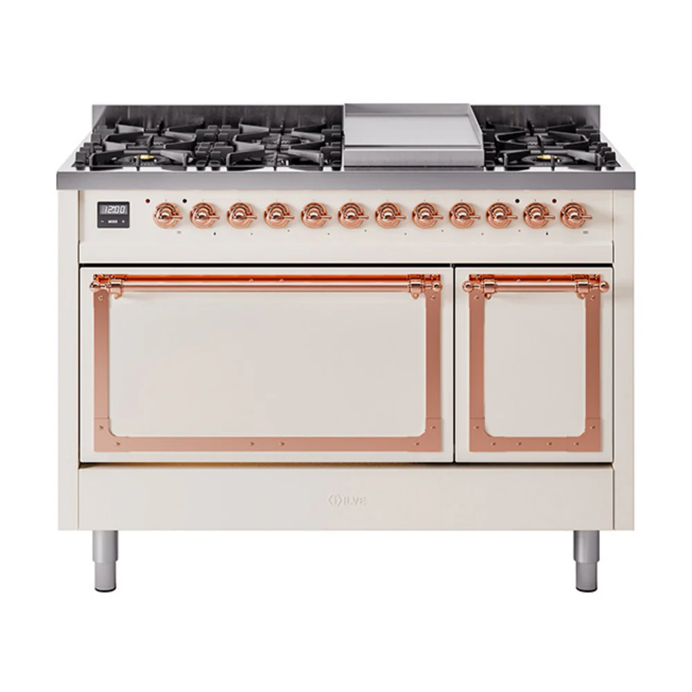 ILVE Nostalgie II Noblesse 48-Inch Dual Fuel Freestanding Range with Solid Door Oven in Antique White with Copper Trim (UN48FQNMPAWP)