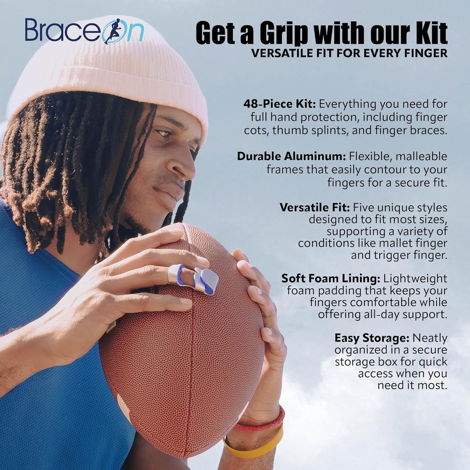 Brace On 48-Piece Thumb and Finger Splint Kit Hand Injury Splints, Comfortable Foam Support, Metal Splinting, 5 Assorted Styles, Thumb Brace, Finger Cots, Thumb Splint and Finger Spint and Braces