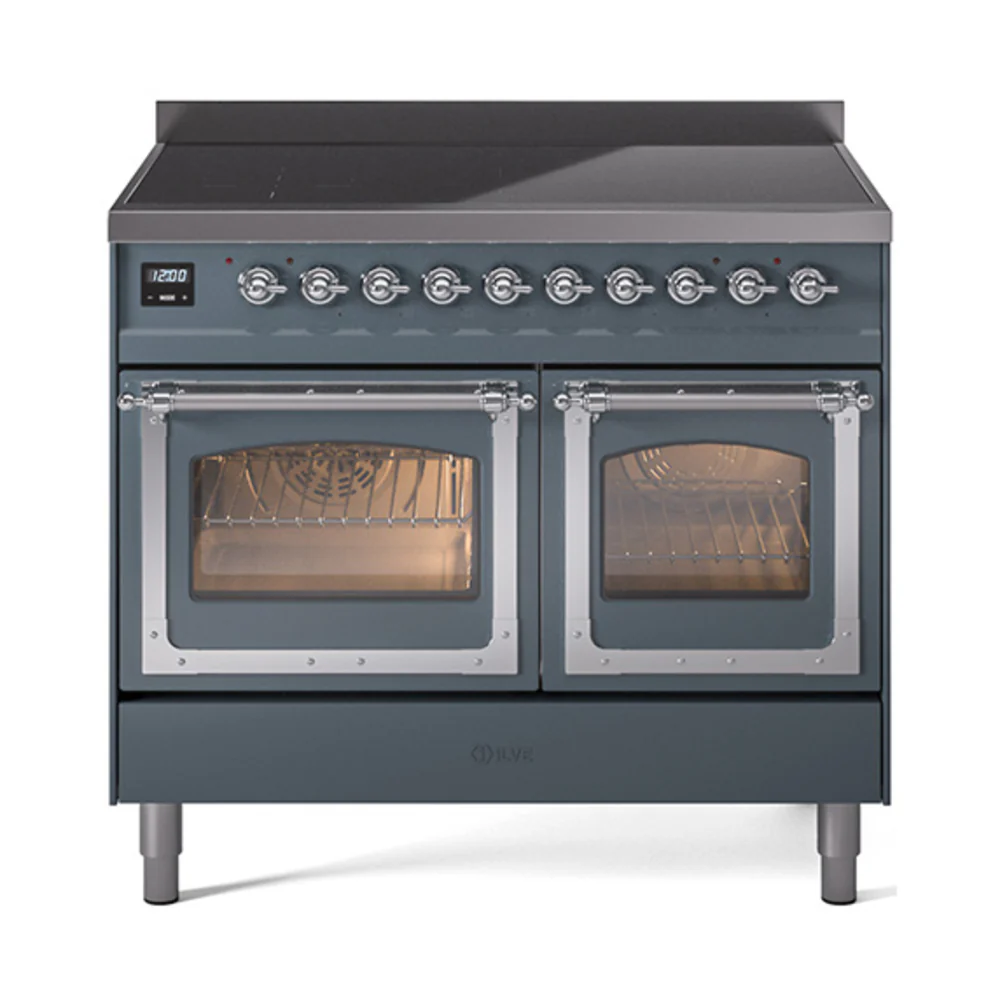 ILVE 40-Inch Nostalgie II Noblesse Induction Range with Triple Glass Door in Blue Grey with Chrome Trim (UNDI406NMPBGC)