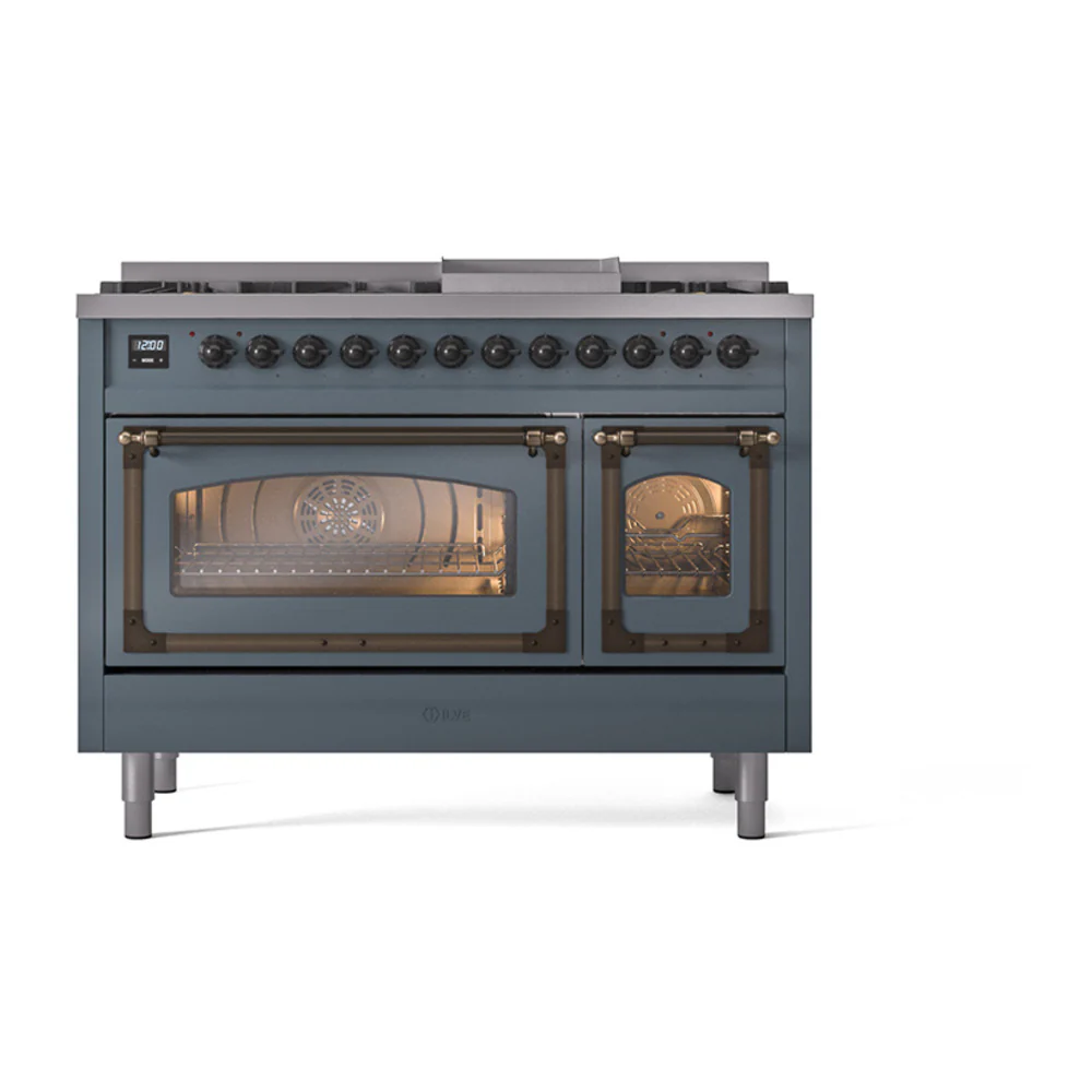 ILVE Nostalgie II Noblesse 48-Inch Dual Fuel Freestanding Range in Blue Grey with Bronze Trim (UN48FNMPBGB)