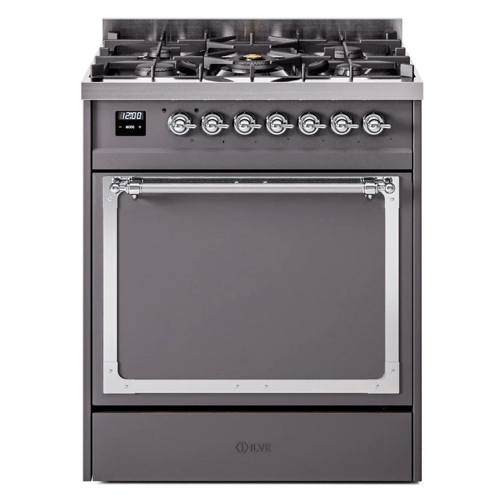 ILVE Nostalgie II Noblesse 30-Inch Dual Fuel Range with Solid Door in Matte Graphite with Chrome Trim (UN30QNMPMGC)