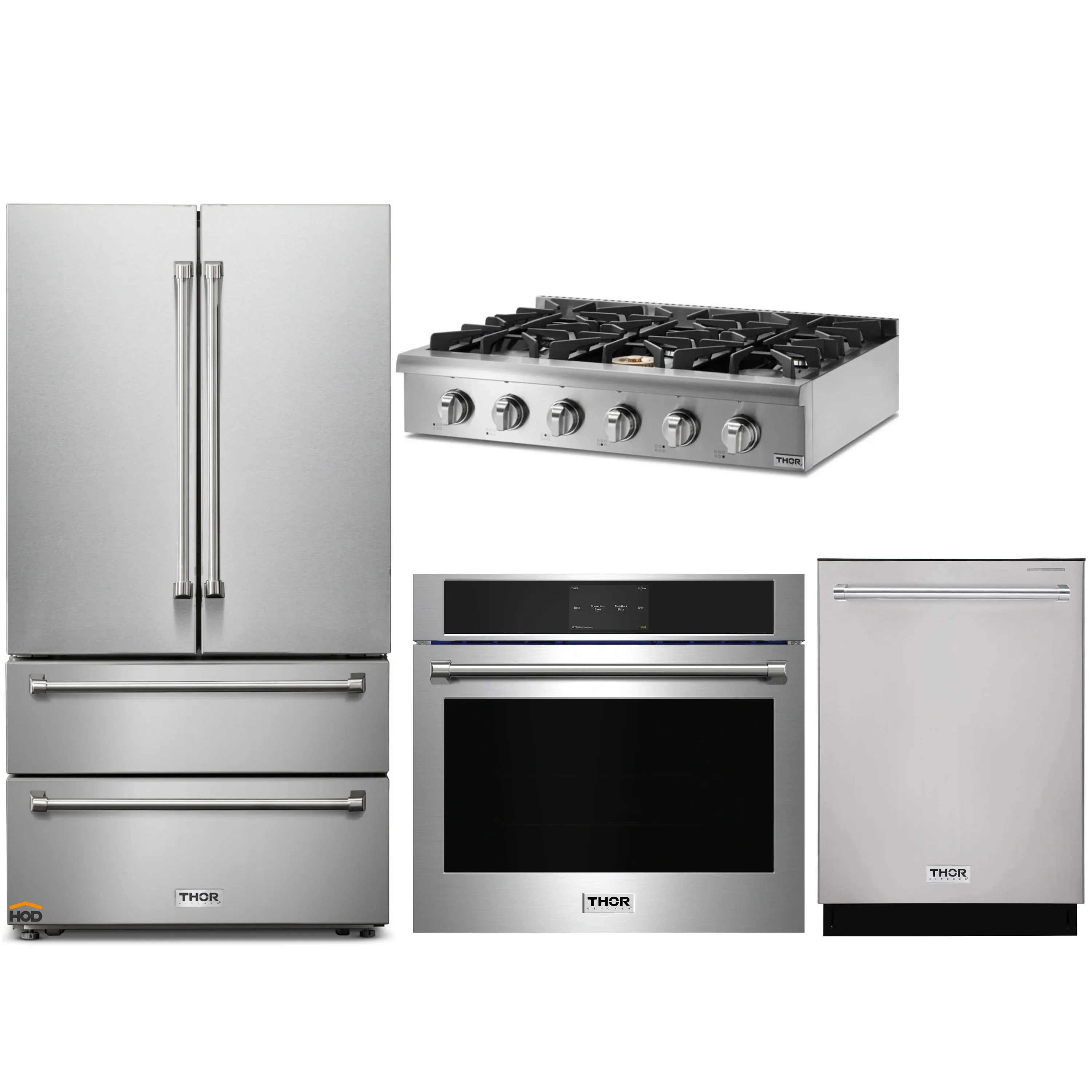 Thor Kitchen 4-Piece Pro Appliance Package - 36-Inch Rangetop, Electric Wall Oven, Dishwasher & Refrigerator in Stainless Steel