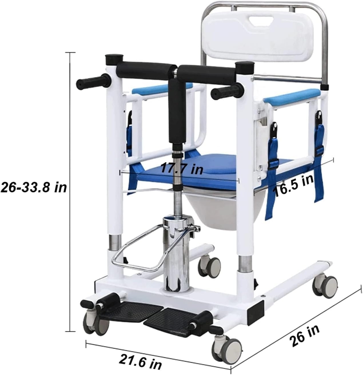 Transport Hydraulic Patient Lift for Home w/IV Pole and Desk Tray Portable Steel Transfer Lifter 4-in-1 Transport Wheelchair Bedside Commode 120KG/265 lb for Elderly Disabled Seniors (Blue)