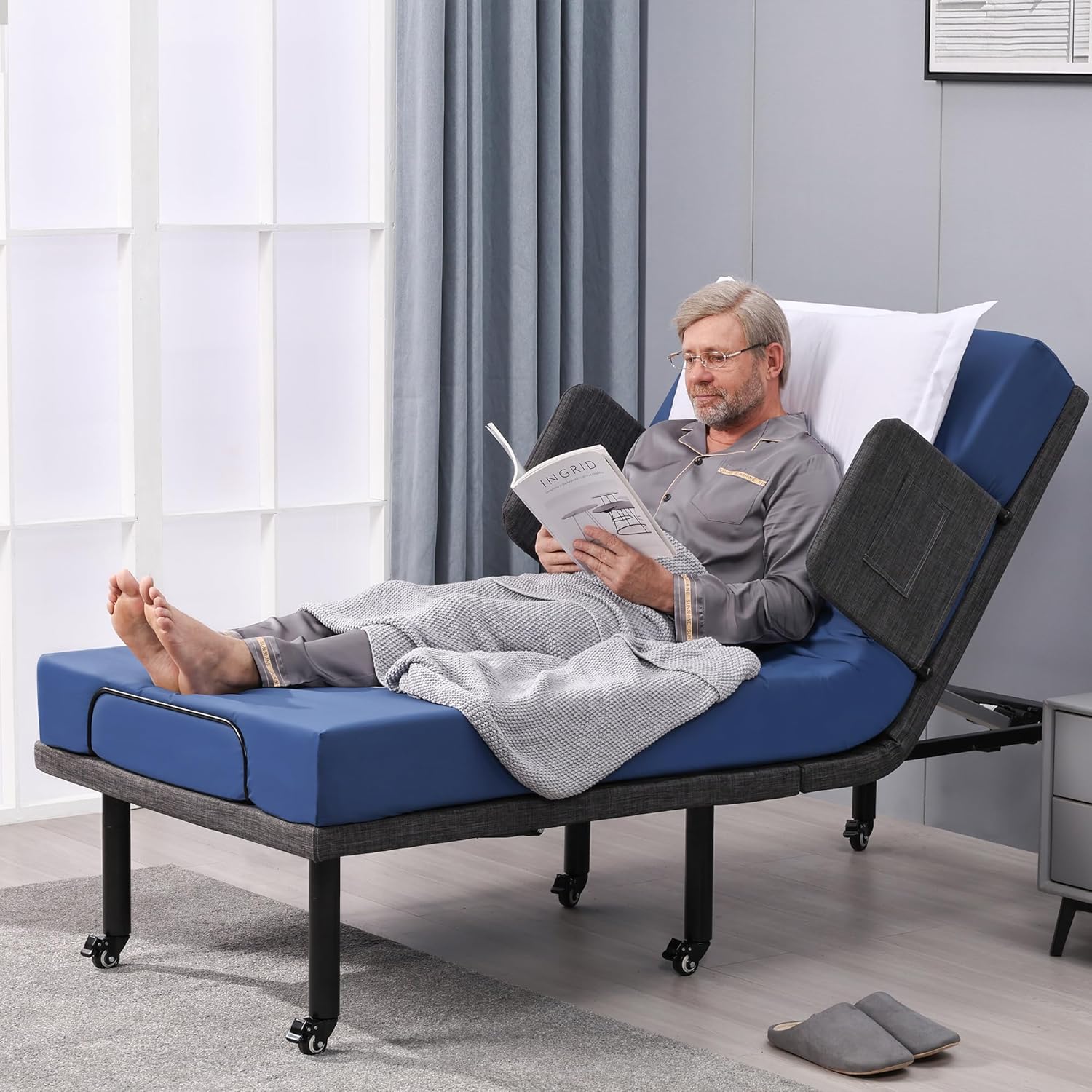 ESHINE Adjustable Bed with 6” Hospital Mattress - Bed Frame with Rails, Adjustable Heights with Wheels, Underbed Night Light, Wireless Remote, Head and Foot Inclined