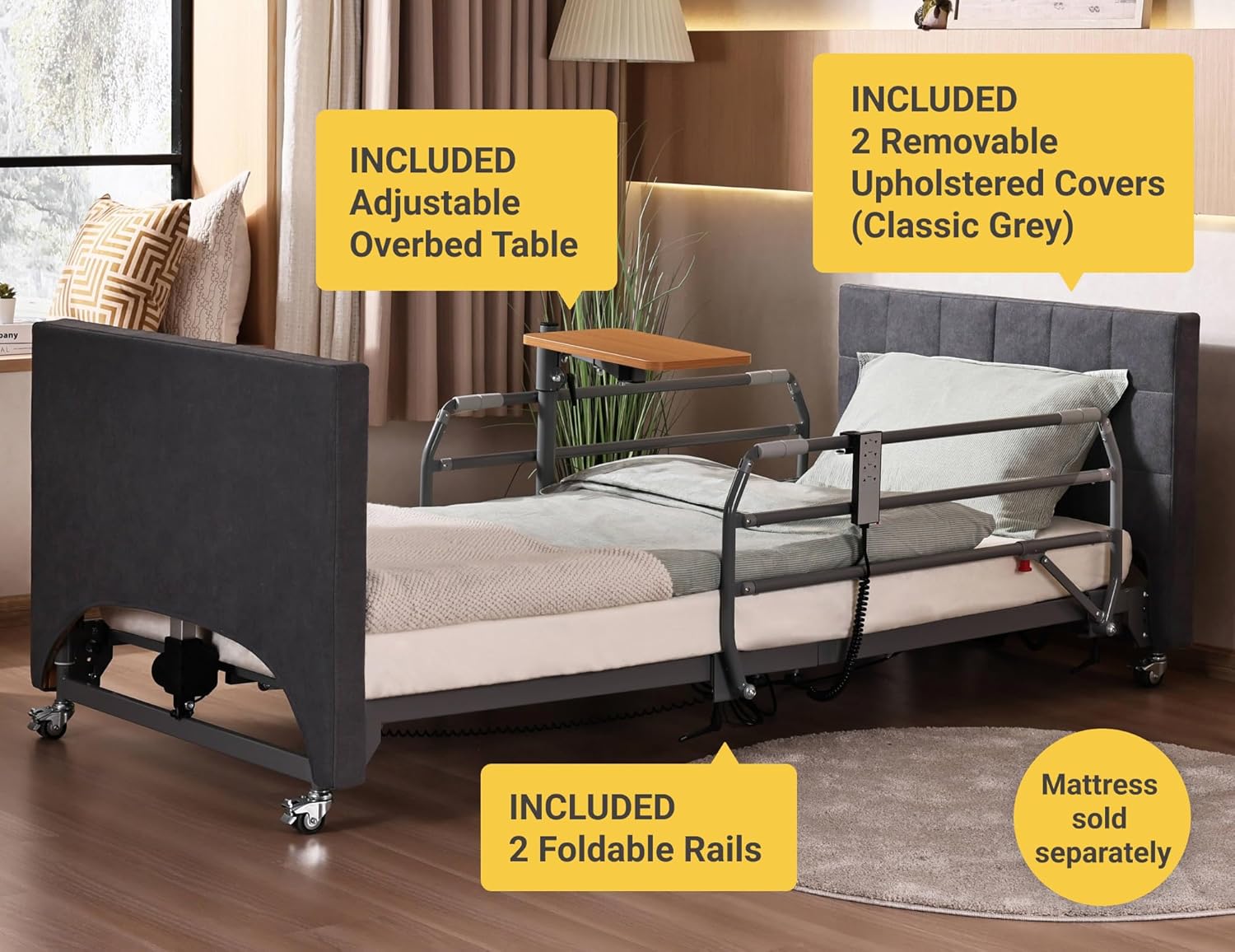 Hospital Bed with 5 Electric Functions – Advanced German Technology Medical Bed for Home Use – Overbed Table & Rails Included – Adjustable Height 8.5”-25”