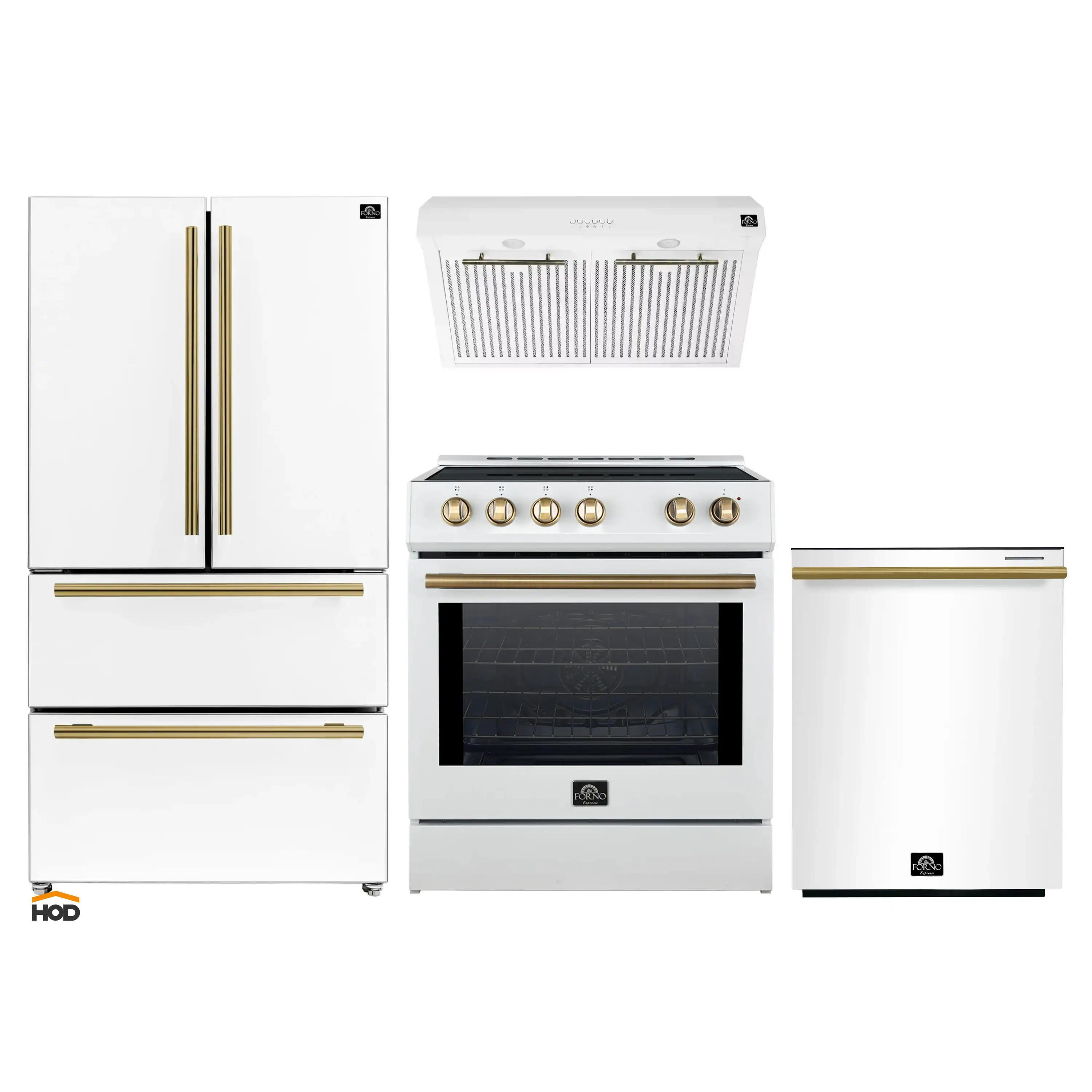 Forno 4-Piece Appliance Package - 30-Inch Induction Range, Under Cabinet Range Hood, French Door Refrigerator, and Dishwasher in White with Antique Brass Trim