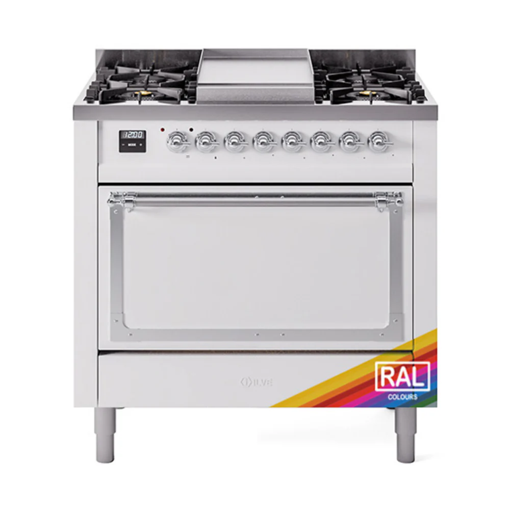 ILVE Nostalgie II Noblesse 36-Inch Dual Fuel Range and Solid Door Oven in Custom RAL with Chrome Trim (UN36FQNMPRAC)