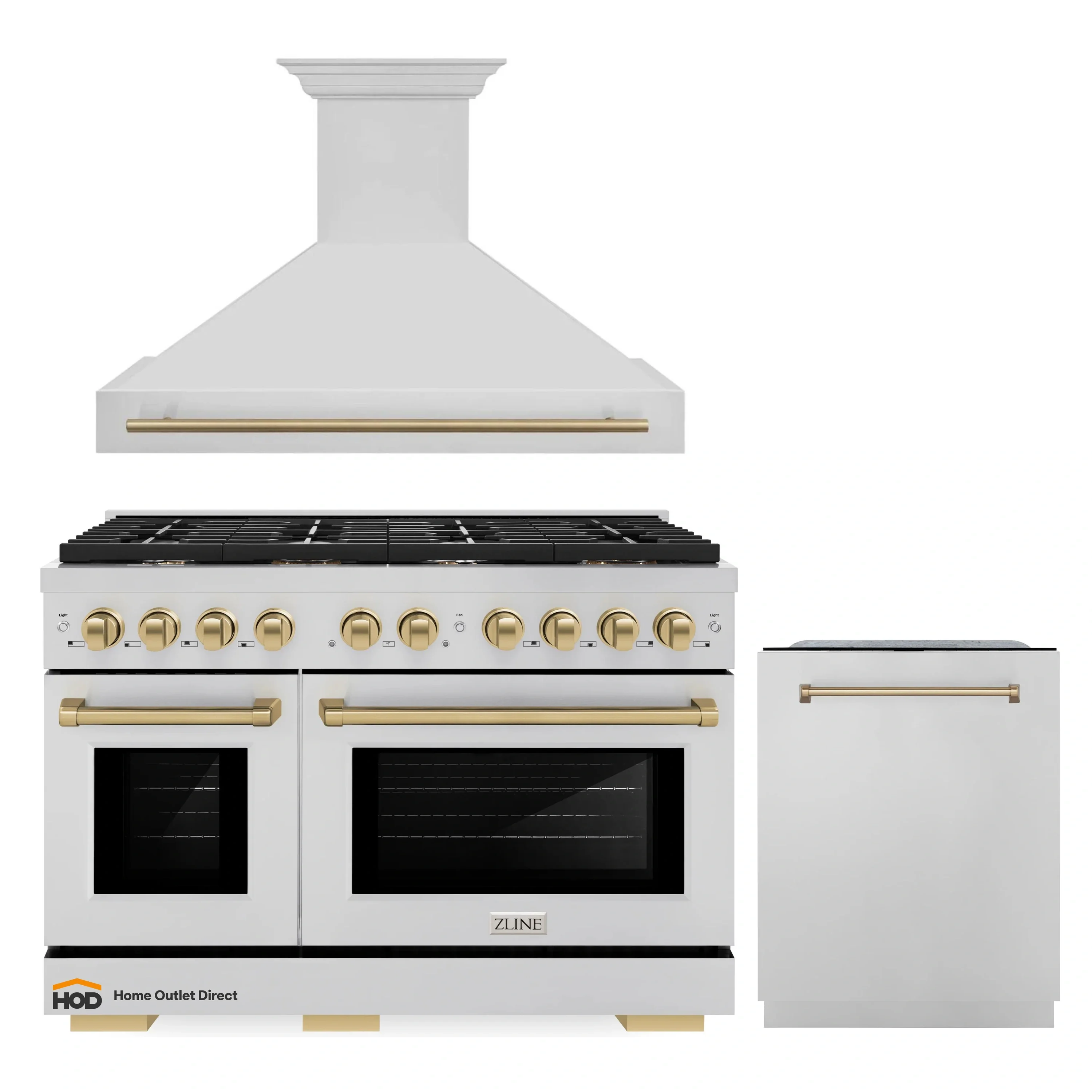 ZLINE Autograph Edition 3-Piece Appliance Package - 48-Inch Gas Range, Wall Mounted Range Hood, & 24-Inch Tall Tub Dishwasher in Stainless Steel with Champagne Bronze Trim (3AKPR-SGRRH48-CB)
