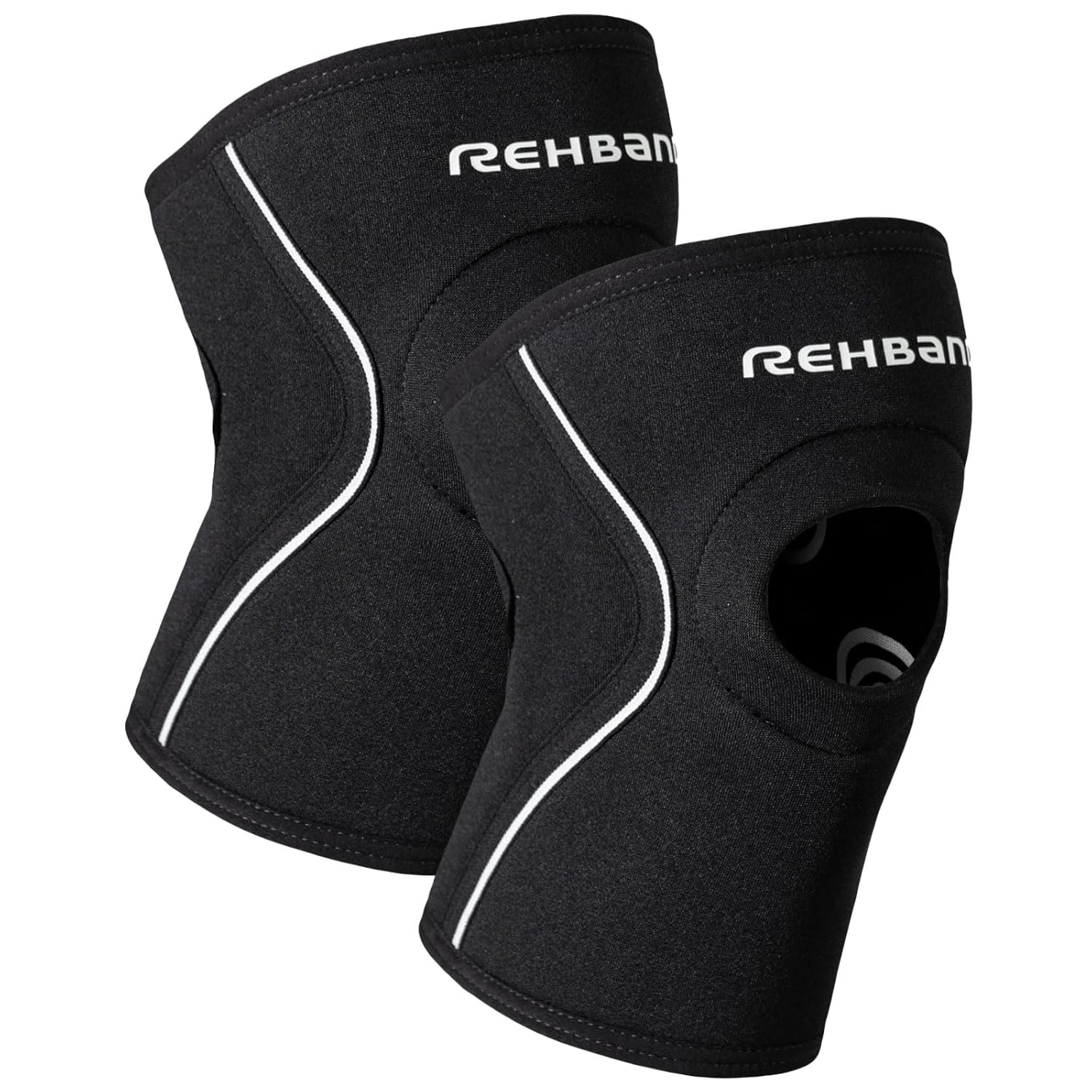 Rehband Open Patella Knee Brace 5mm Neoprene, Supportive Knee Sleeve with Patella Support, Knee Protection for Strength Training, Jogging & Fitness, Colour:Black - 1 Pair, Size:Medium