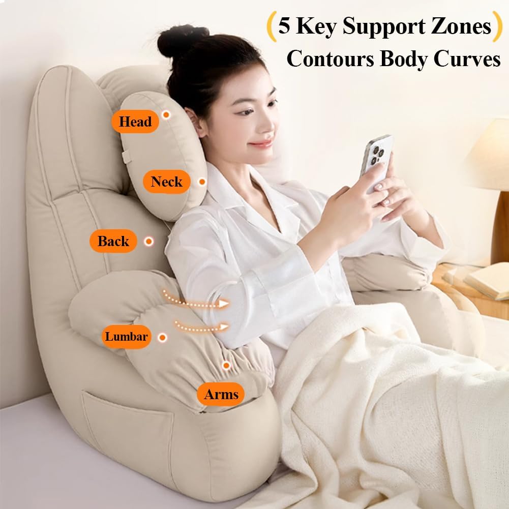 Backrest Reading Bed Rest Pillow with Arms - Removable Washable Cover, Back Support Wedge Cushion for Neck & Lumbar, Headboard Pillow for Bed Sitting Up, Floor Pillow (Khaki02, Medium)