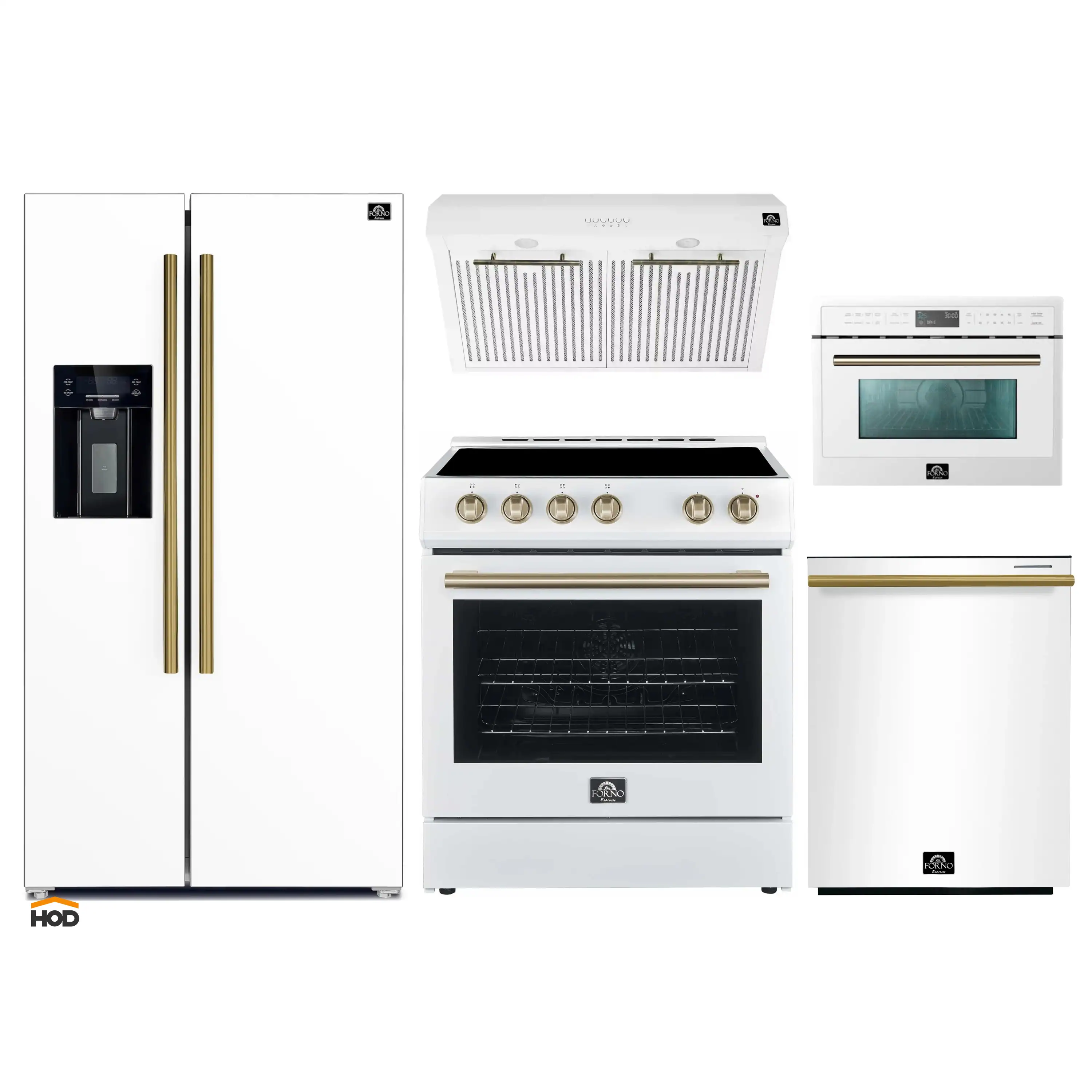 Forno 5-Piece Appliance Package - 30-Inch Electric Range, Under Cabinet Range Hood, Refrigerator with Water Dispenser, Dishwasher, and 24-Inch Microwave Oven in White with Antique Brass Trim