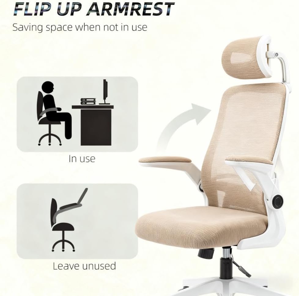 Ergonomic Mesh Office Chair with Adjustable Headrest & Lumbar Support, Flip-Up Armrests, 265 lbs Capacity
